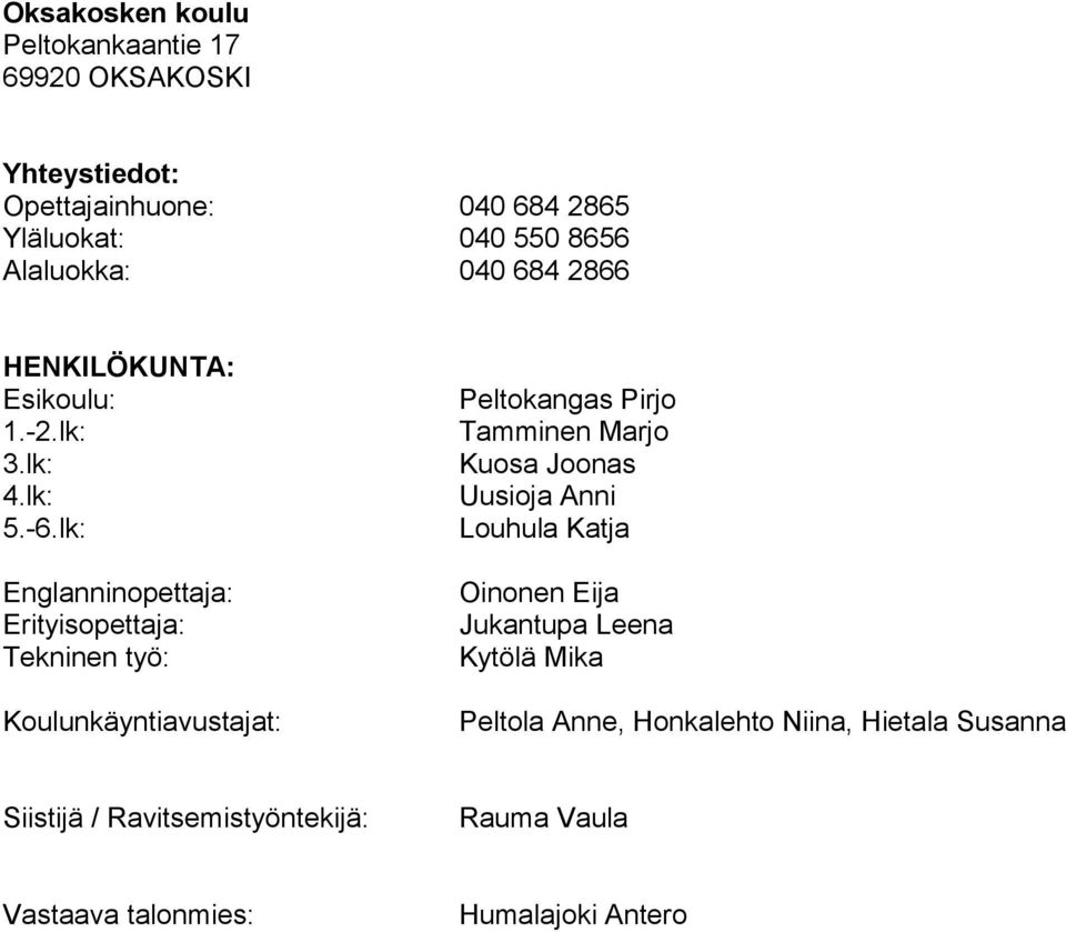 lk: Englanninopettaja: Erityisopettaja: Tekninen työ: Koulunkäyntiavustajat: Peltokangas Pirjo Tamminen Marjo Kuosa Joonas