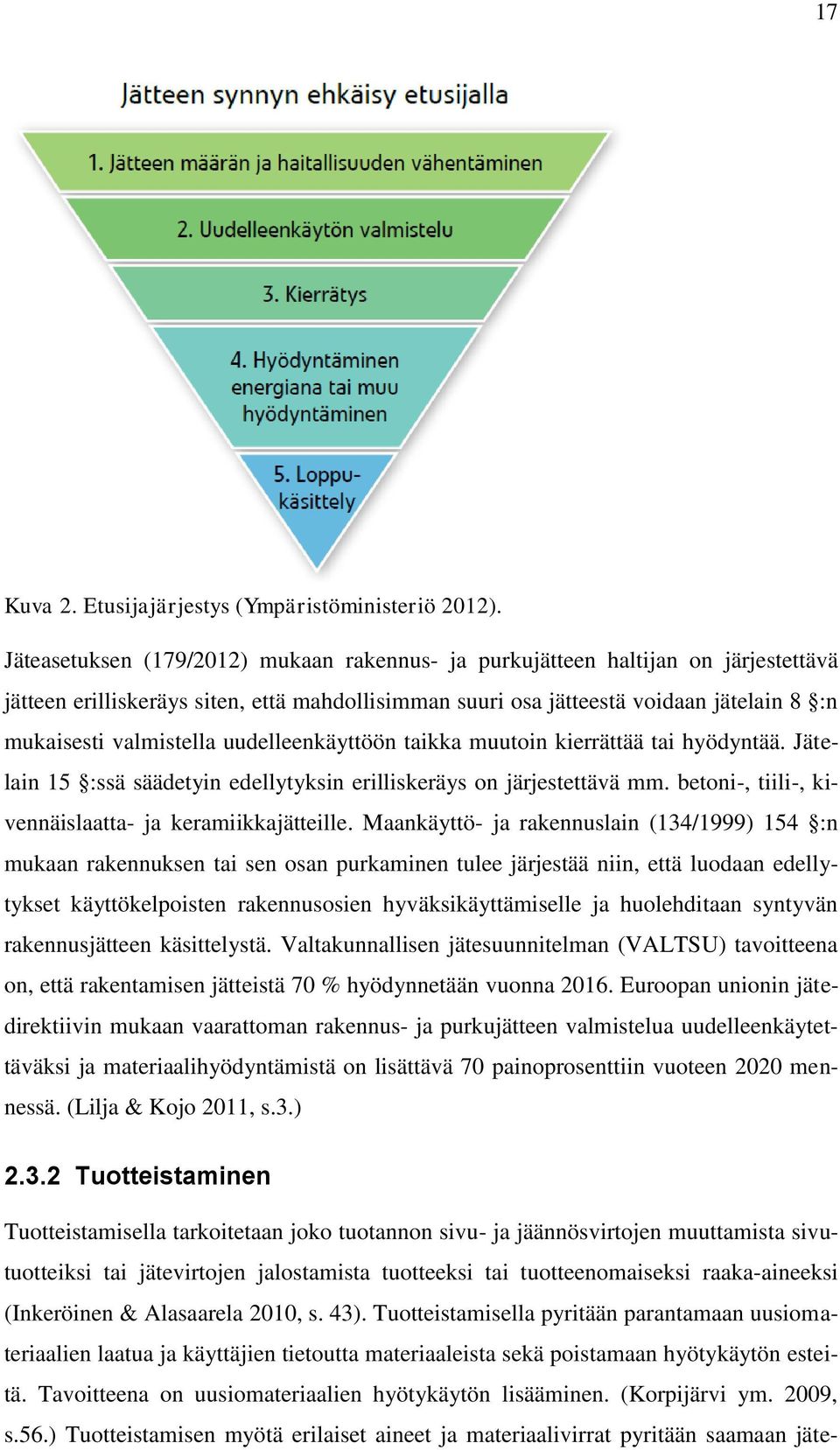 uudelleenkäyttöön taikka muutoin kierrättää tai hyödyntää. Jätelain 15 :ssä säädetyin edellytyksin erilliskeräys on järjestettävä mm. betoni-, tiili-, kivennäislaatta- ja keramiikkajätteille.