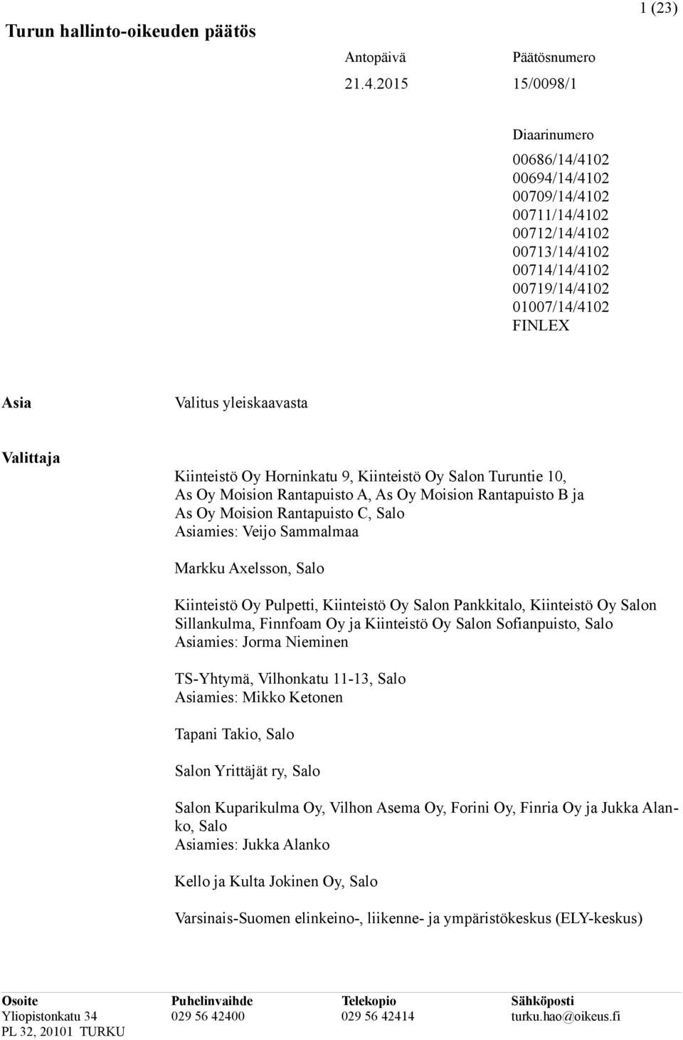 Valittaja Kiinteistö Oy Horninkatu 9, Kiinteistö Oy Salon Turuntie 10, As Oy Moision Rantapuisto A, As Oy Moision Rantapuisto B ja As Oy Moision Rantapuisto C, Salo Asiamies: Veijo Sammalmaa Markku