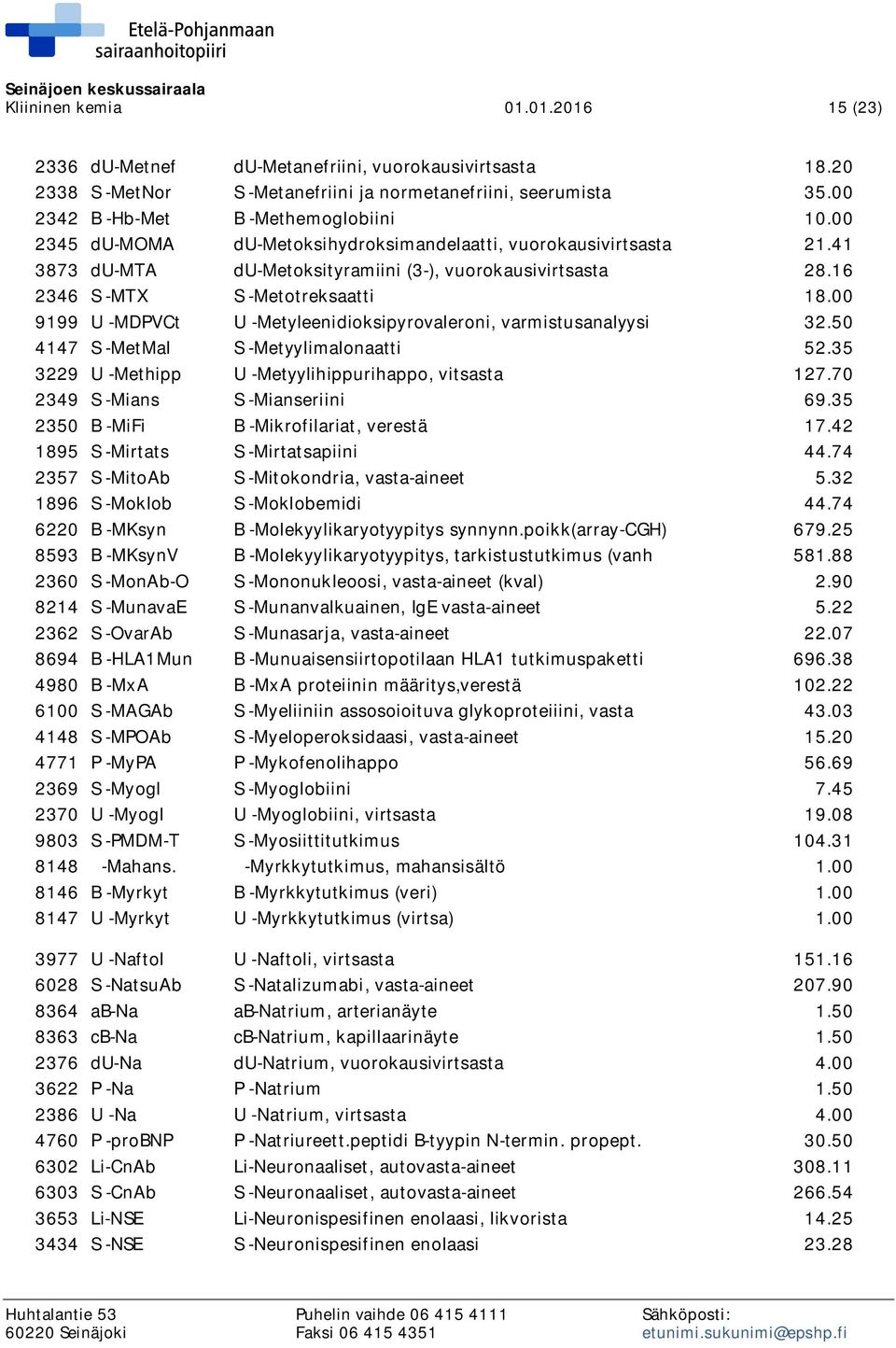 00 9199 U -MDPVCt U -Metyleenidioksipyrovaleroni, varmistusanalyysi 32.50 4147 S -MetMal S -Metyylimalonaatti 52.35 3229 U -Methipp U -Metyylihippurihappo, vitsasta 127.