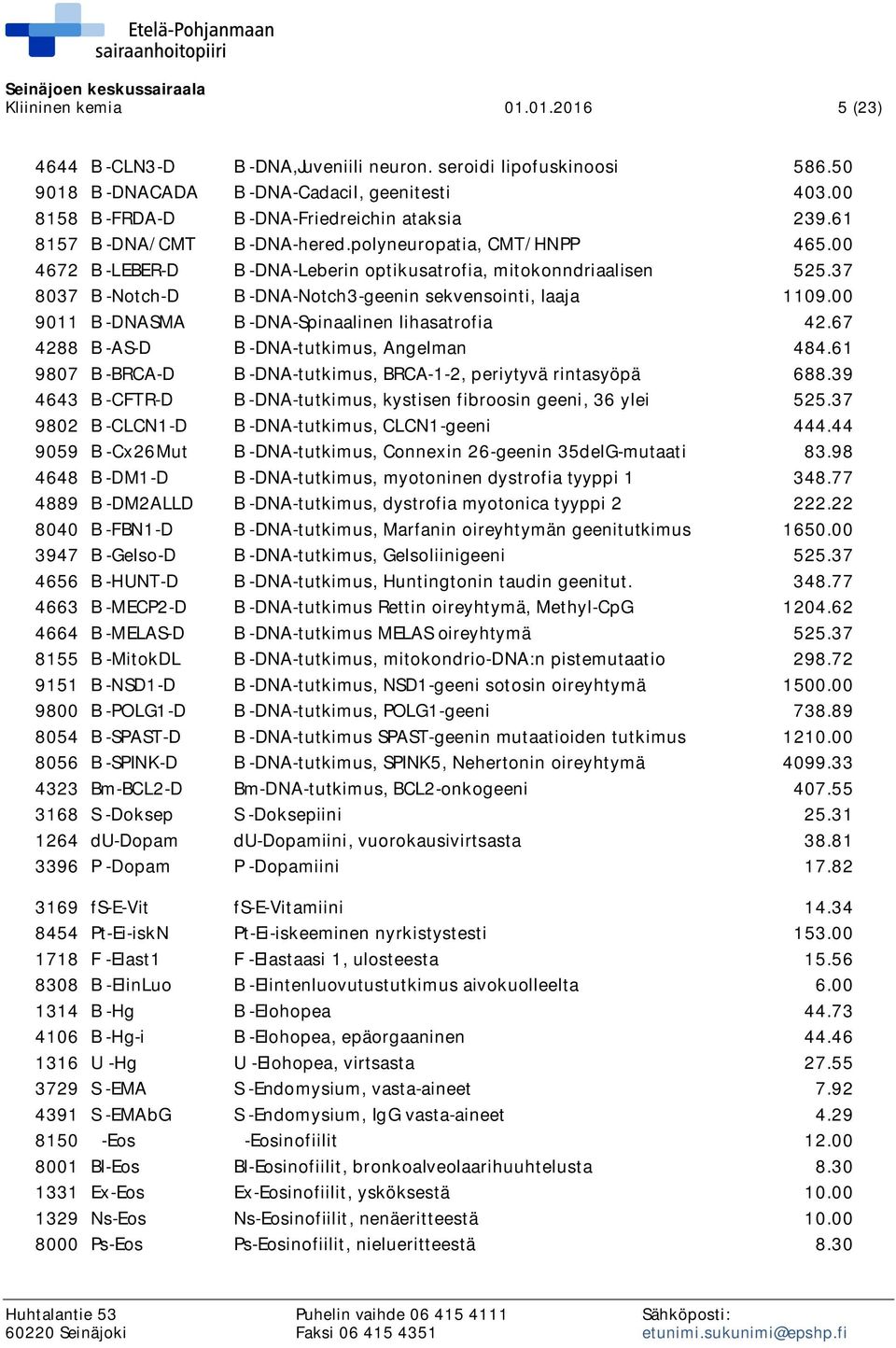 37 8037 B -Notch-D B -DNA-Notch3-geenin sekvensointi, laaja 1109.00 9011 B -DNASMA B -DNA-Spinaalinen lihasatrofia 42.67 4288 B -AS-D B -DNA-tutkimus, Angelman 484.