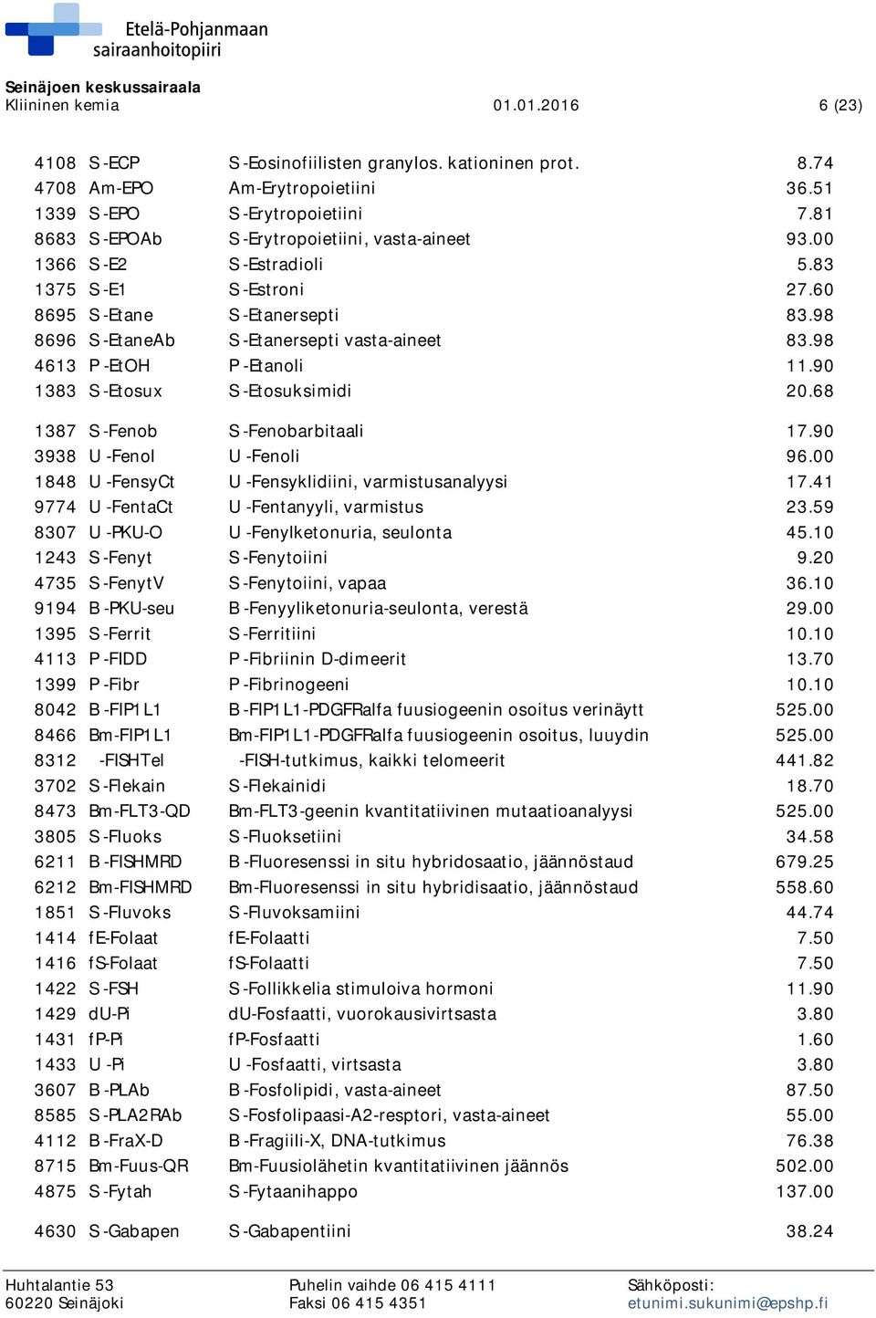 98 4613 P -EtOH P -Etanoli 11.90 1383 S -Etosux S -Etosuksimidi 20.68 1387 S -Fenob S -Fenobarbitaali 17.90 3938 U -Fenol U -Fenoli 96.00 1848 U -FensyCt U -Fensyklidiini, varmistusanalyysi 17.