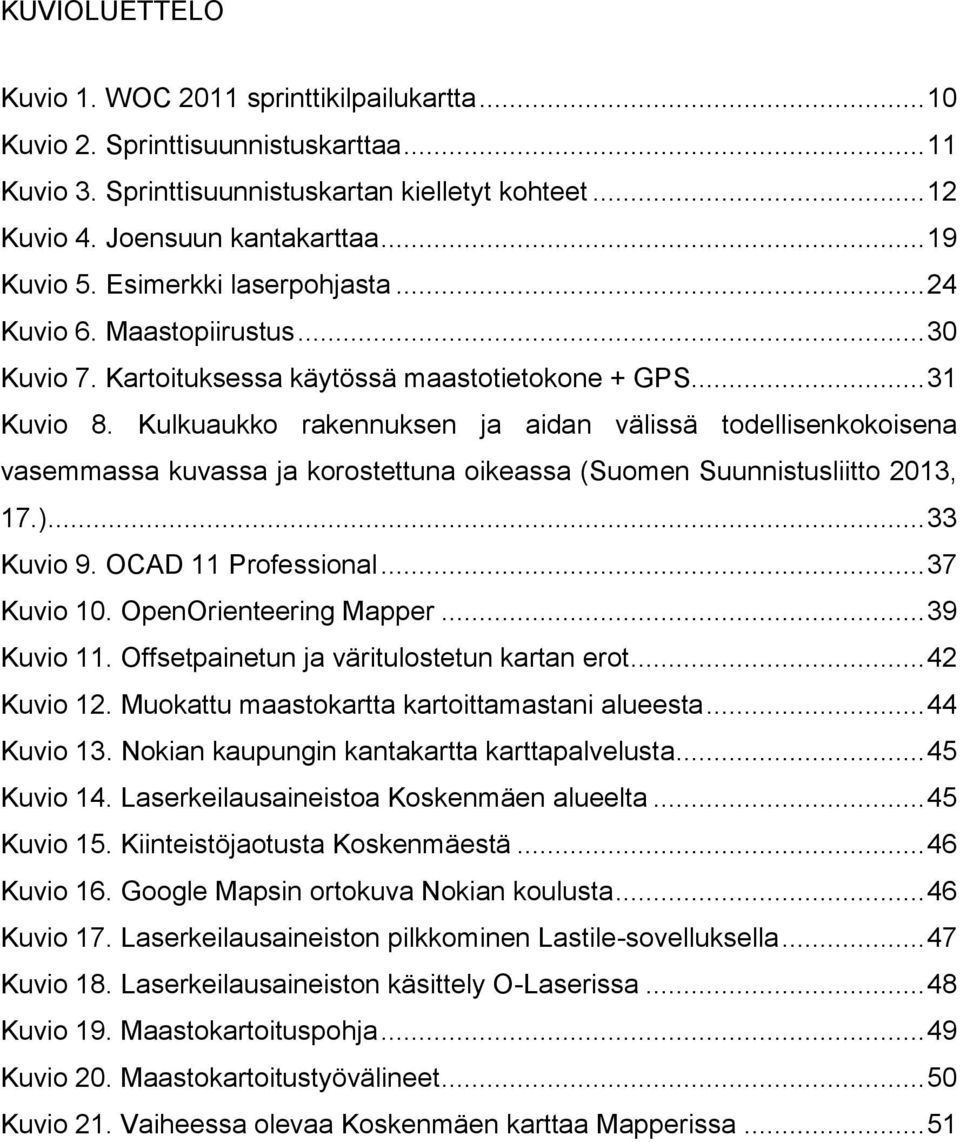 Kulkuaukko rakennuksen ja aidan välissä todellisenkokoisena vasemmassa kuvassa ja korostettuna oikeassa (Suomen Suunnistusliitto 2013, 17.)... 33 Kuvio 9. OCAD 11 Professional... 37 Kuvio 10.