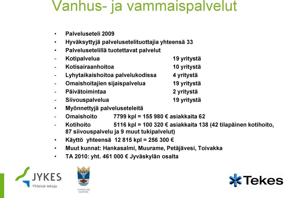 Siivouspalvelua 19 yritystä Myönnettyjä palveluseteleitä - Omaishoito 7799 kpl = 155 980 asiakkaita 62 - Kotihoito 5116 kpl = 100 320 asiakkaita 138 (42 tilapäinen