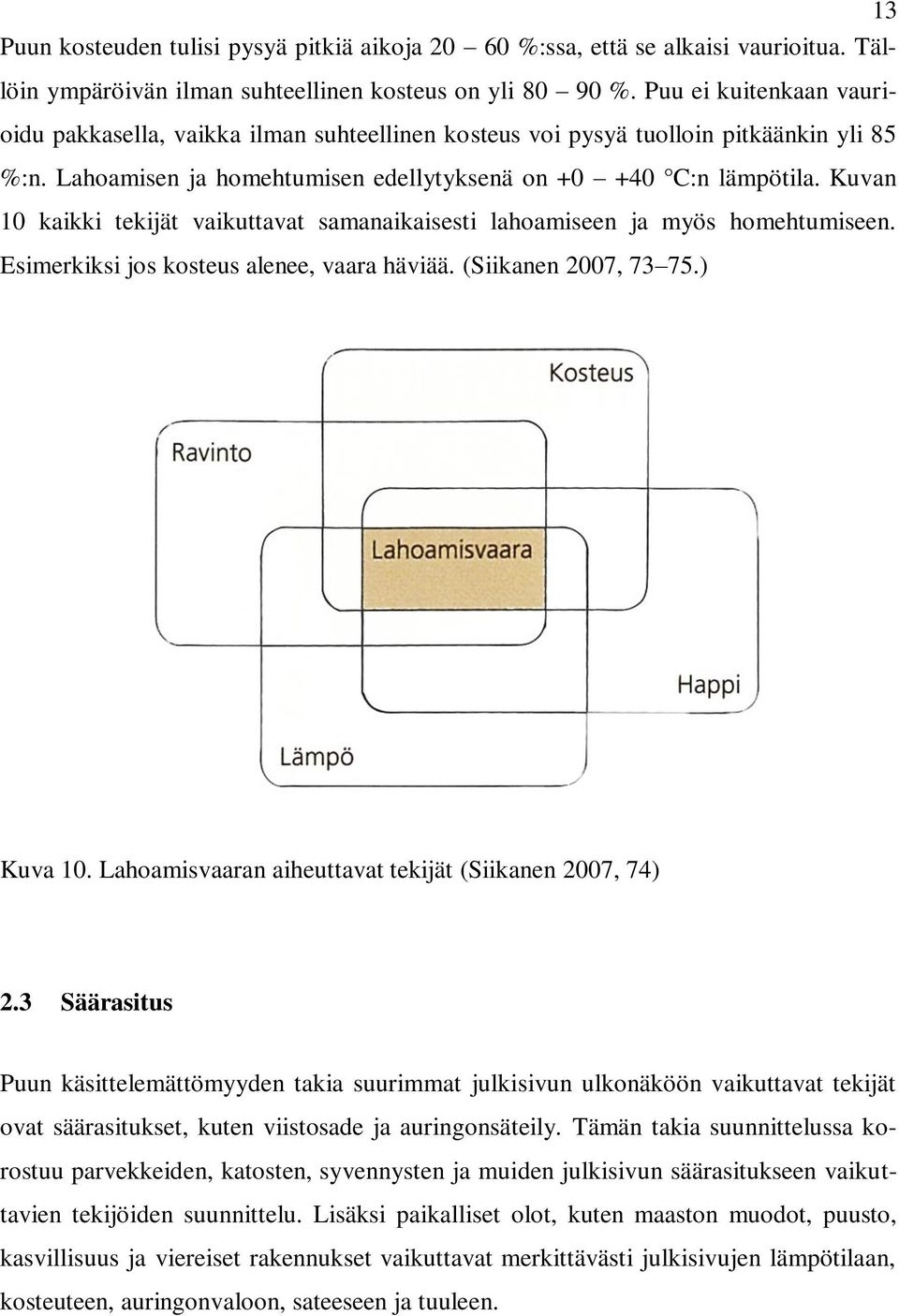 Kuvan 10 kaikki tekijät vaikuttavat samanaikaisesti lahoamiseen ja myös homehtumiseen. Esimerkiksi jos kosteus alenee, vaara häviää. (Siikanen 2007, 73 75.) Kuva 10.