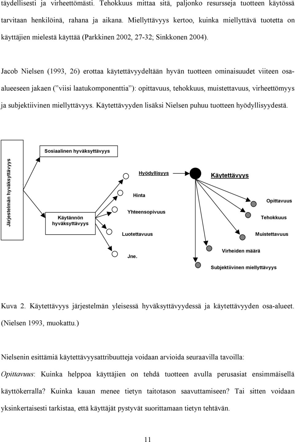 Jacob Nielsen (1993, 26) erottaa käytettävyydeltään hyvän tuotteen ominaisuudet viiteen osaalueeseen jakaen ( viisi laatukomponenttia ): opittavuus, tehokkuus, muistettavuus, virheettömyys ja