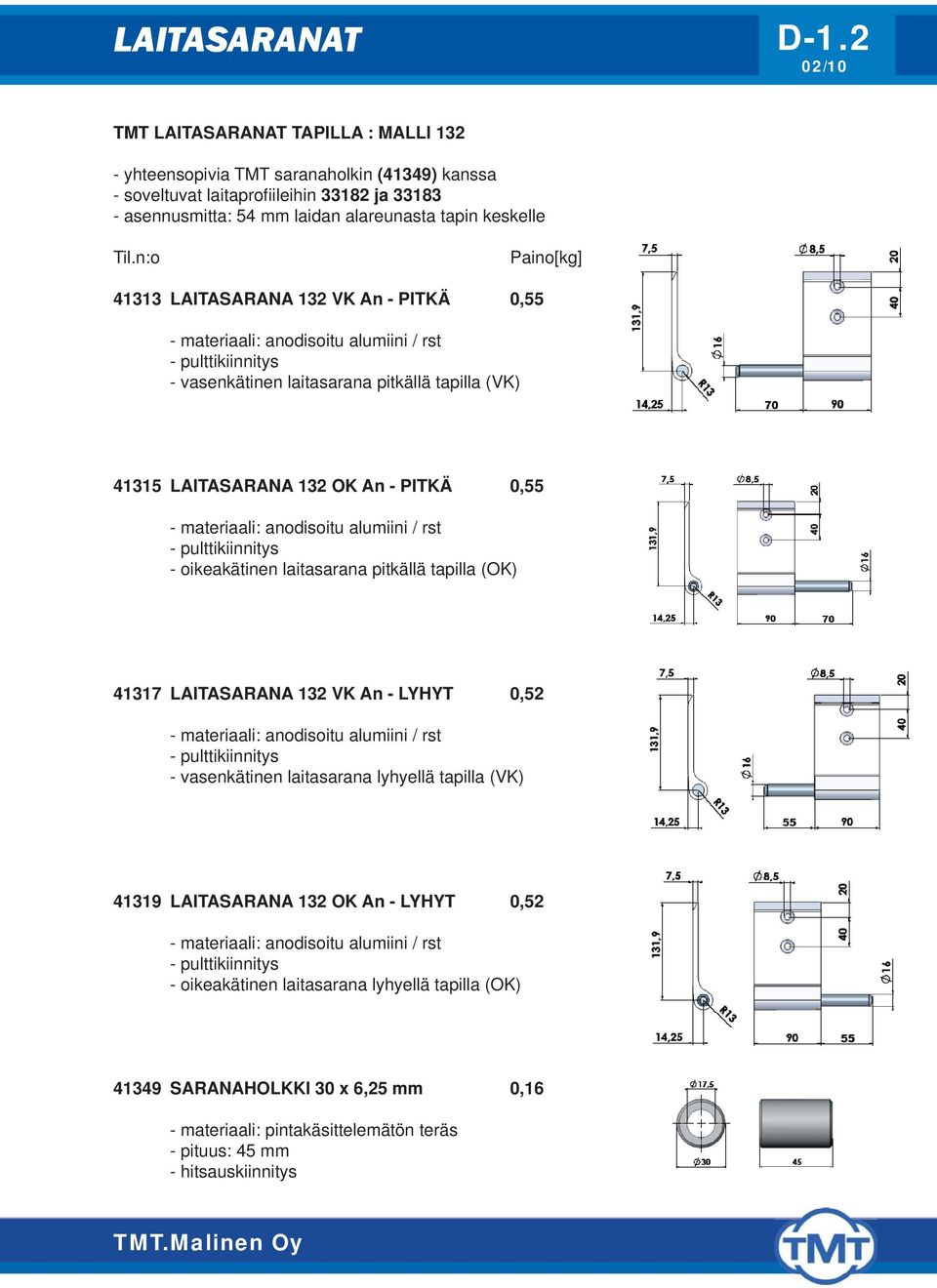 Paino[kg] 41313 LAITASARANA 132 VK An - PITKÄ 0,55 - materiaali: anodisoitu alumiini / rst - vasenkätinen laitasarana pitkällä tapilla (VK) 41315 LAITASARANA 132 OK An - PITKÄ 0,55 - materiaali: