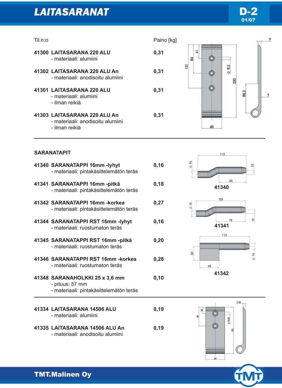 SARANATAPPI 16mm -pitkä 0,18 - materiaali: pintakäsittelemätön teräs 41340 41342 SARANATAPPI 16mm -korkea 0,27 - materiaali: pintakäsittelemätön teräs 41344 SARANATAPPI RST 16mm -lyhyt 0,16 -