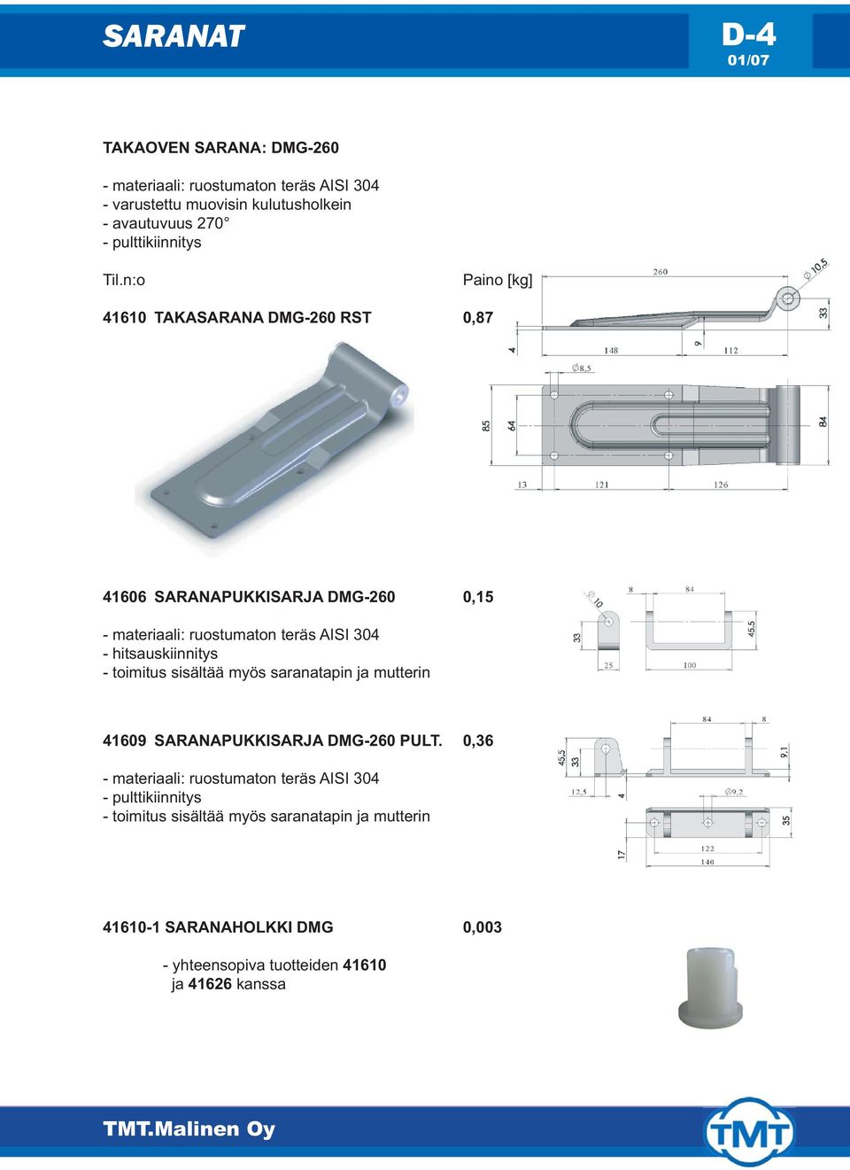 sisältää myös saranatapin ja mutterin 41609 SARANAPUKKISARJA DMG-260 PULT.