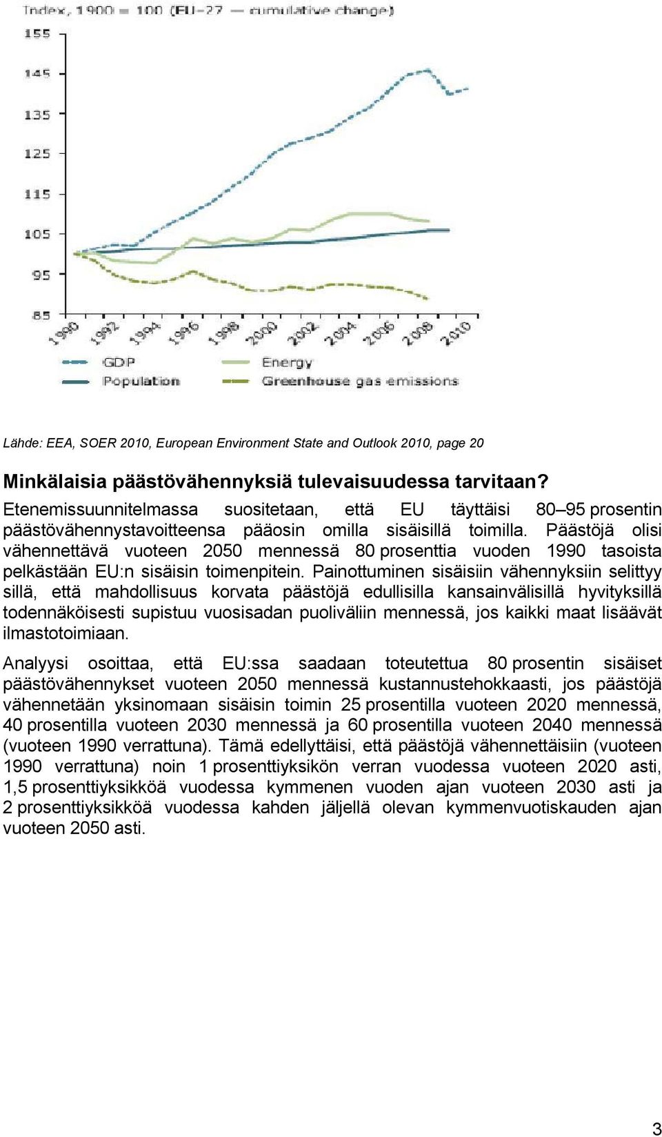 Päästöjä olisi vähennettävä vuoteen 2050 mennessä 80 prosenttia vuoden 1990 tasoista pelkästään EU:n sisäisin toimenpitein.