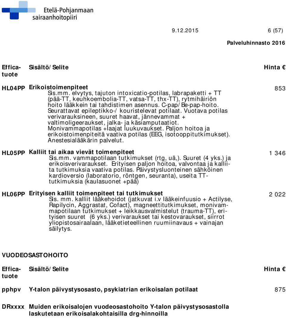 Seurattavat epileptikko-/ kouristelevat potilaat. Vuotava potilas verivarauksineen, suuret haavat, jännevammat + valtimoligeeraukset, jalka- ja käsiamputaatiot. Monivammapotilas +laajat luukuvaukset.