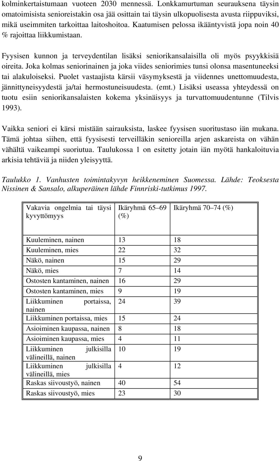 Kaatumisen pelossa ikääntyvistä jopa noin 40 % rajoittaa liikkumistaan. Fyysisen kunnon ja terveydentilan lisäksi seniorikansalaisilla oli myös psyykkisiä oireita.