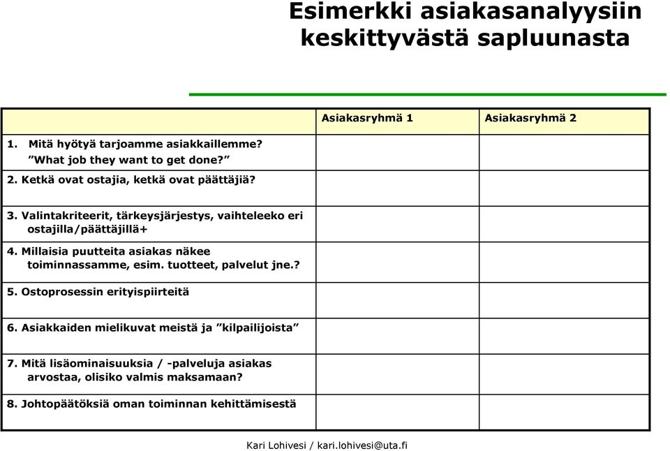 Valintakriteerit, tärkeysjärjestys, vaihteleeko eri ostajilla/päättäjillä+ 4. Millaisia puutteita asiakas näkee toiminnassamme, esim.