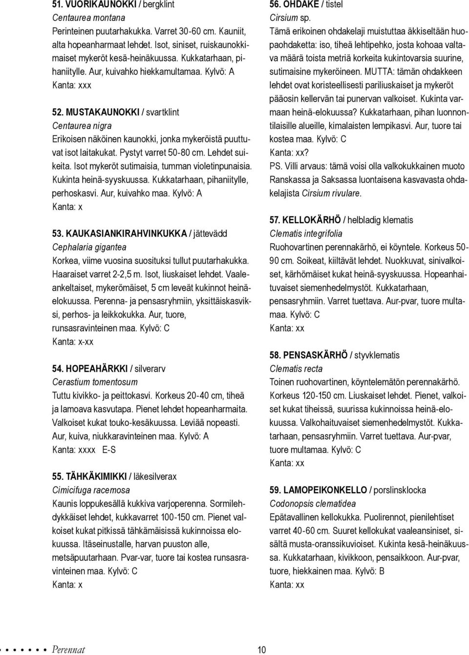 Pystyt varret 50-80 cm. Lehdet suikeita. Isot mykeröt sutimaisia, tumman violetinpunaisia. Kukinta heinä-syyskuussa. Kukkatarhaan, pihaniitylle, perhoskasvi. Aur, kuivahko maa. Kylvö: A 53.