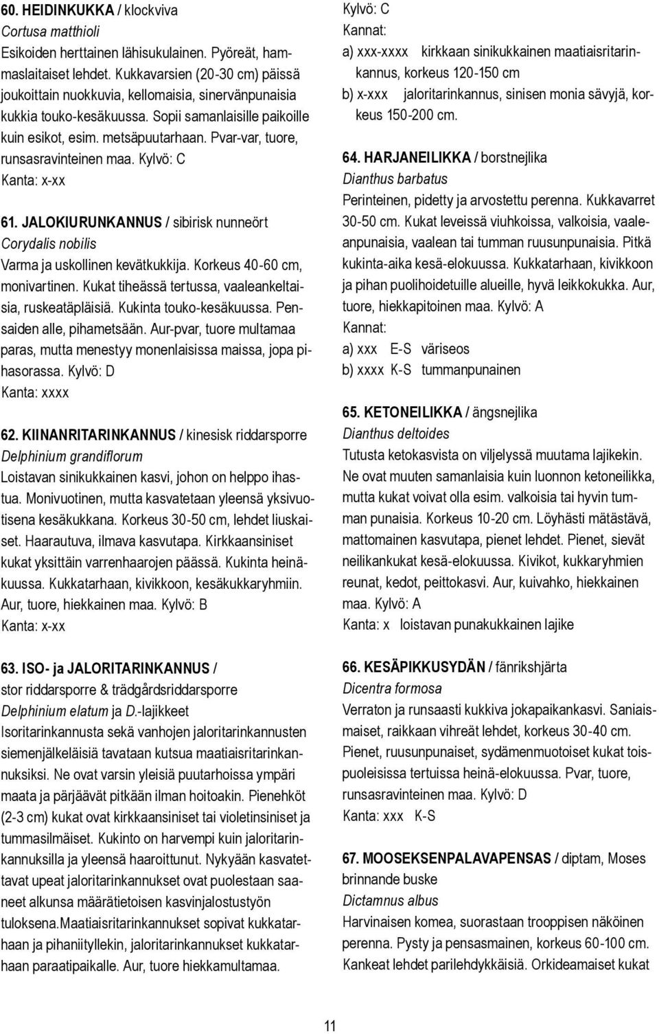 Pvar-var, tuore, runsasravinteinen maa. Kylvö: C -xx 61. JALOKIURUNKANNUS / sibirisk nunneört Corydalis nobilis Varma ja uskollinen kevätkukkija. Korkeus 40-60 cm, monivartinen.