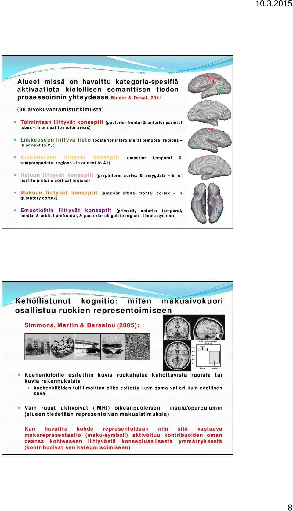 (superior temporal & temporoparietal regions in or next to A1) Hajuun liittyvät konseptit (prepiriform cortex & amygdala in or next to piriform cortical regions) Makuun liittyvät konseptit (anterior