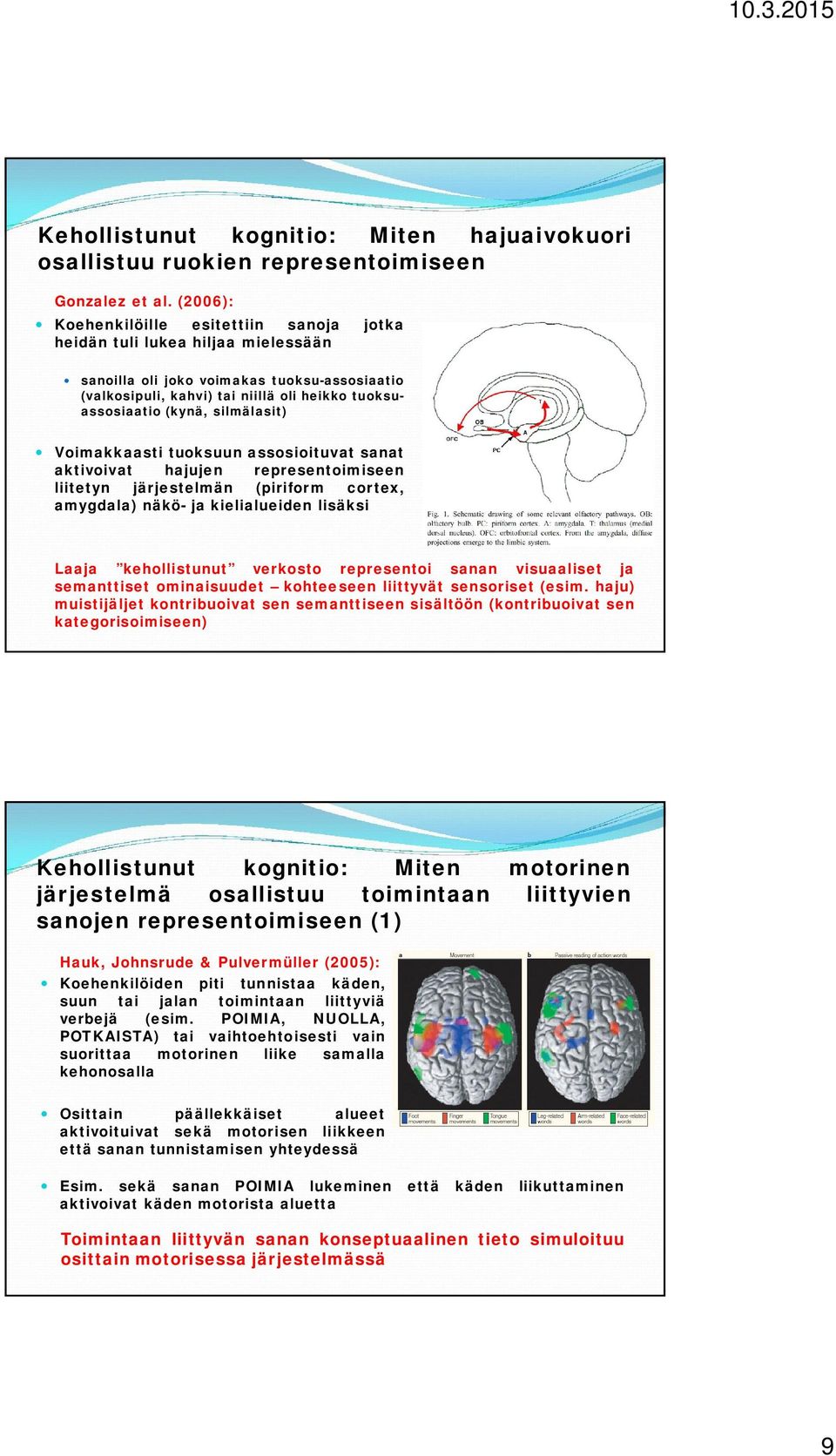 silmälasit) Voimakkaasti tuoksuun assosioituvat sanat aktivoivat hajujen representoimiseen liitetyn järjestelmän (piriform cortex, amygdala) näkö- ja kielialueiden lisäksi Laaja kehollistunut