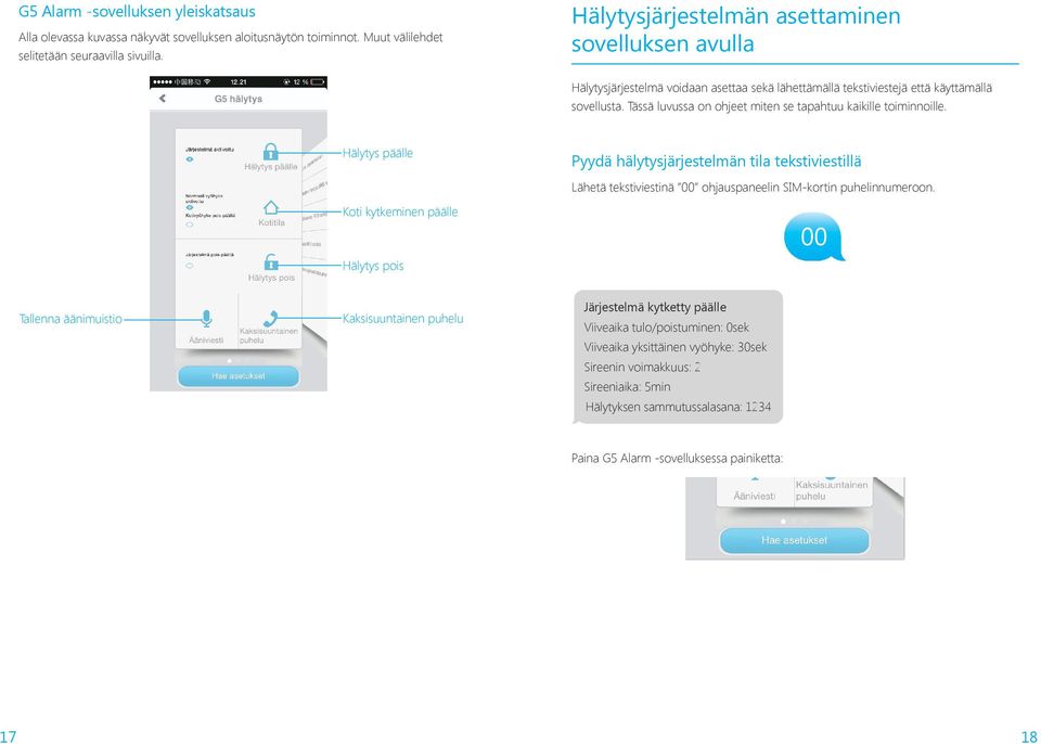 Tässä luvussa on ohjeet miten se tapahtuu kaikille toiminnoille. Hälytys päälle Pyydä hälytysjärjestelmän tila tekstiviestillä Lähetä tekstiviestinä 00 ohjauspaneelin SIM-kortin puhelinnumeroon.