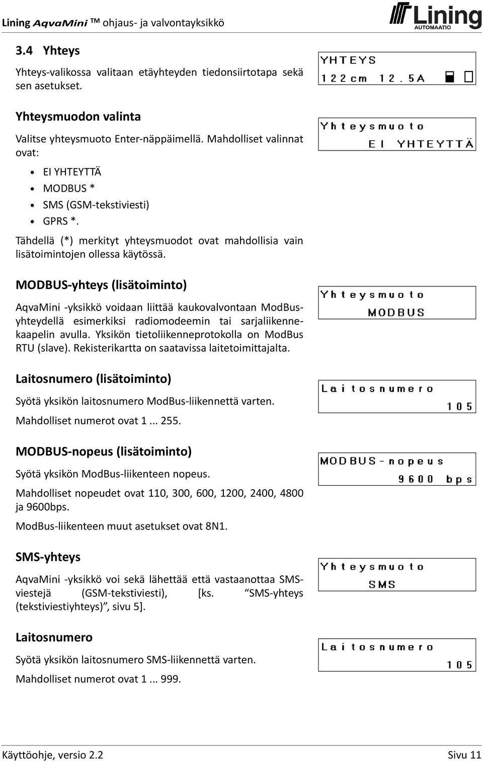 MODBUS yhteys (lisätoiminto) AqvaMini yksikkö voidaan liittää kaukovalvontaan ModBusyhteydellä esimerkiksi radiomodeemin tai sarjaliikennekaapelin avulla.