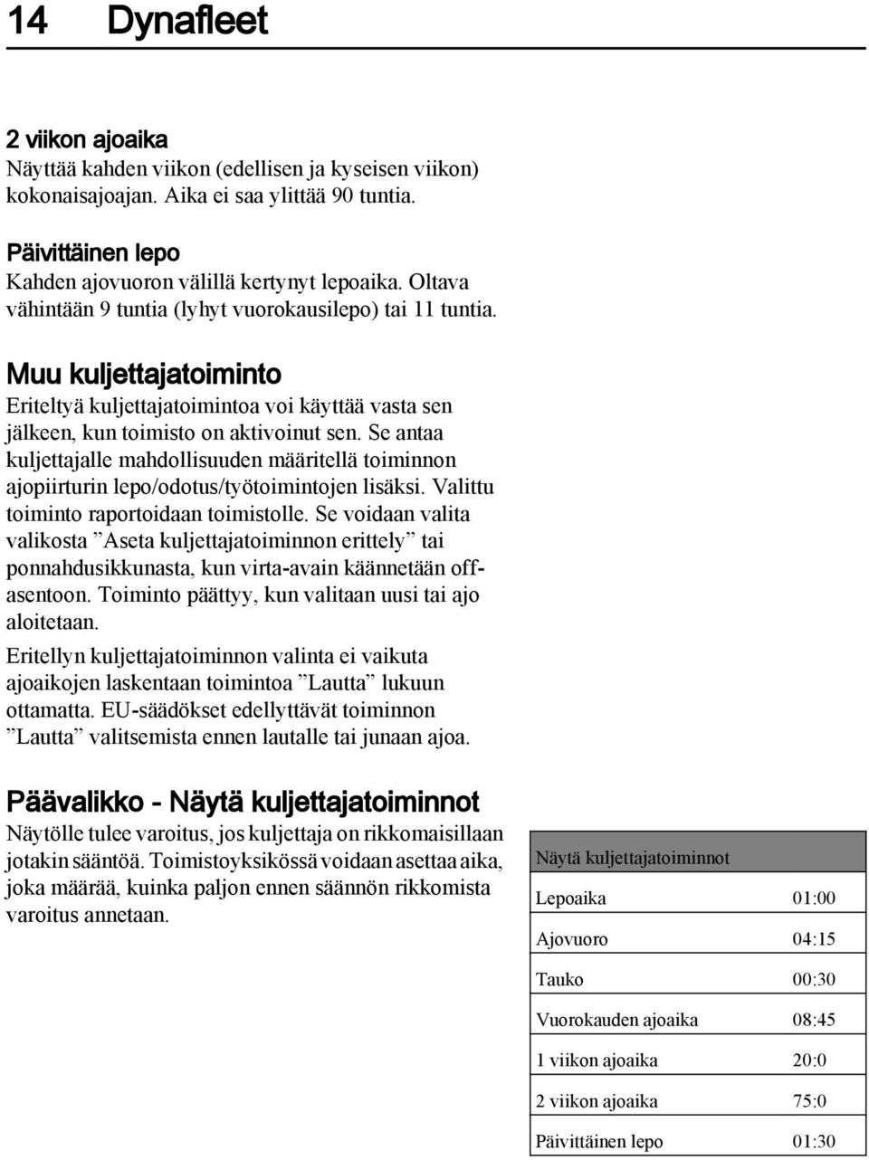 Se antaa kuljettajalle mahdollisuuden määritellä toiminnon ajopiirturin lepo/odotus/työtoimintojen lisäksi. Valittu toiminto raportoidaan toimistolle.