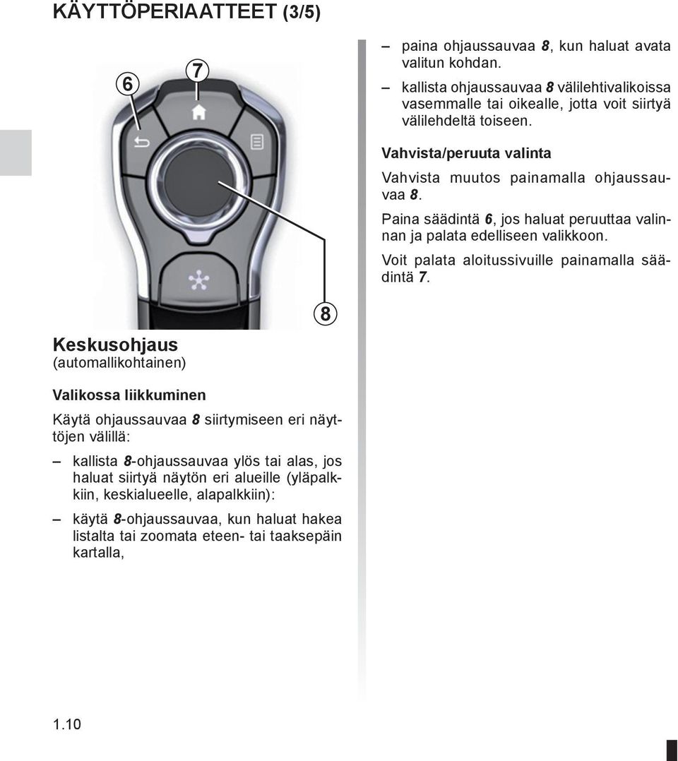 Paina säädintä 6, jos haluat peruuttaa valinnan ja palata edelliseen valikkoon. Voit palata aloitussivuille painamalla säädintä 7.