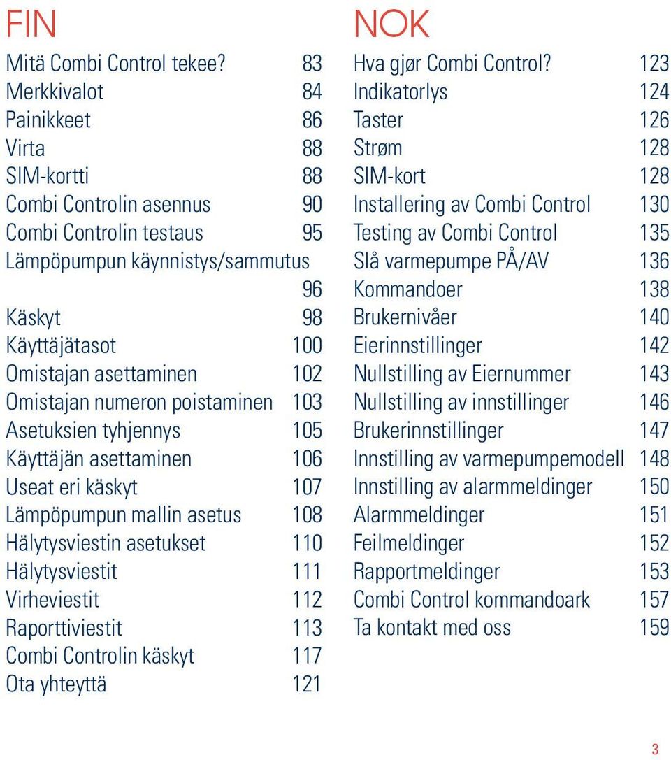 Omistajan numeron poistaminen 103 Asetuksien tyhjennys 105 Käyttäjän asettaminen 106 Useat eri käskyt 107 Lämpöpumpun mallin asetus 108 Hälytysviestin asetukset 110 Hälytysviestit 111 Virheviestit