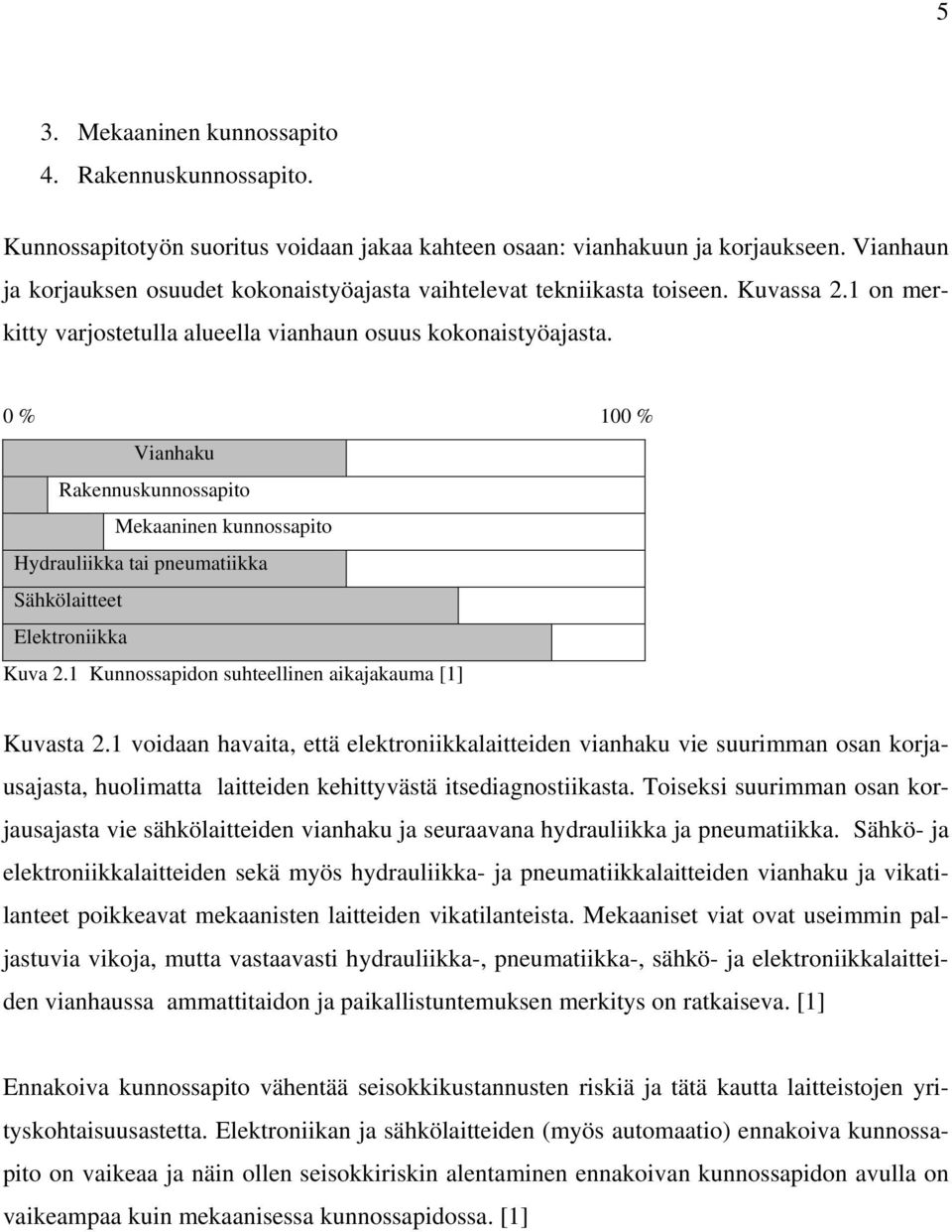 0 % 100 % Vianhaku Rakennuskunnossapito Mekaaninen kunnossapito Hydrauliikka tai pneumatiikka Sähkölaitteet Elektroniikka Kuva 2.1 Kunnossapidon suhteellinen aikajakauma [1] Kuvasta 2.