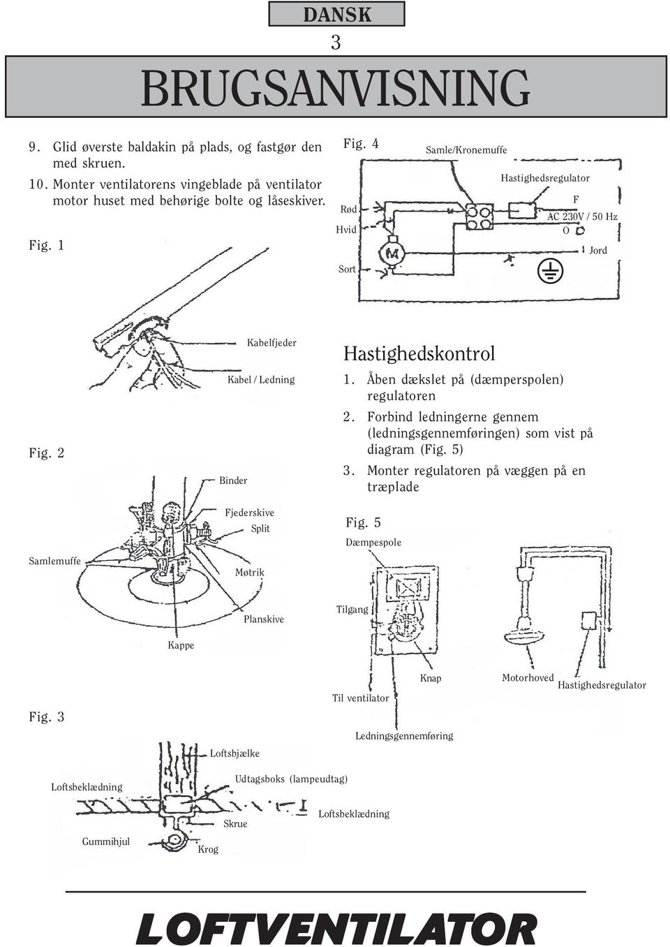 Åben dækslet på (dæmperspolen) regulatoren 2. Forbind ledningerne gennem (ledningsgennemføringen) som vist på diagram (Fig. 5) 3. Monter regulatoren på væggen på en træplade Fig.
