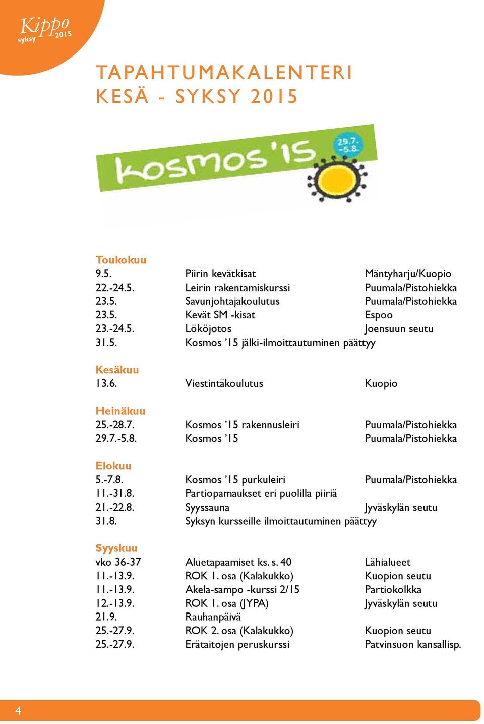 Kosmos 15 rakennusleiri Puumala/Pistohiekka 29.7.-5.8. Kosmos 15 Puumala/Pistohiekka Elokuu 5.-7.8. Kosmos 15 purkuleiri Puumala/Pistohiekka 11.-31.8. Partiopamaukset eri puolilla piiriä 21.-22.8. Syyssauna Jyväskylän seutu 31.