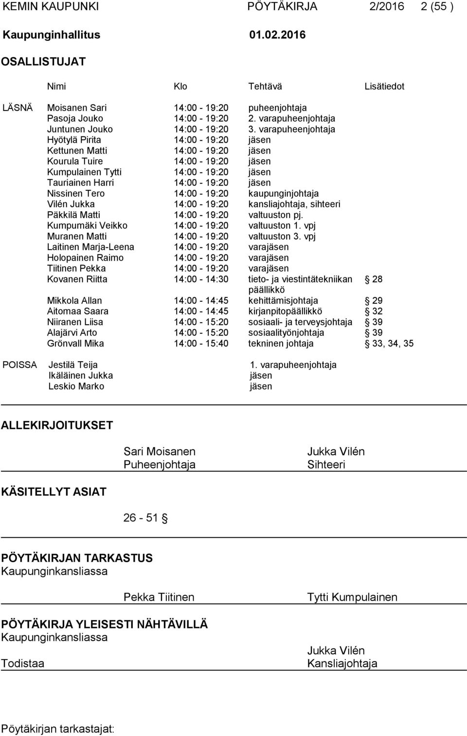 varapuheenjohtaja Hyötylä Pirita 14:00-19:20 jäsen Kettunen Matti 14:00-19:20 jäsen Kourula Tuire 14:00-19:20 jäsen Kumpulainen Tytti 14:00-19:20 jäsen Tauriainen Harri 14:00-19:20 jäsen Nissinen