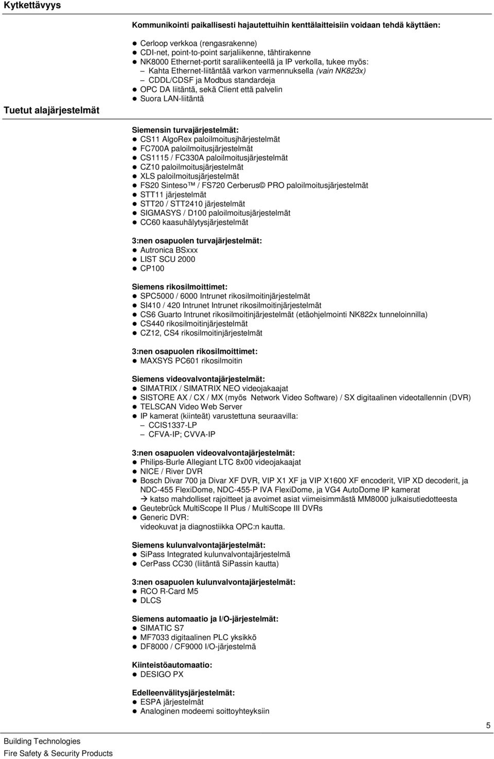 Client että palvelin Suora LAN-liitäntä Siemensin turvajärjestelmät: CS11 AlgoRex paloilmoitusjhärjestelmät FC700A paloilmoitusjärjestelmät CS1115 / FC330A paloilmoitusjärjestelmät CZ10