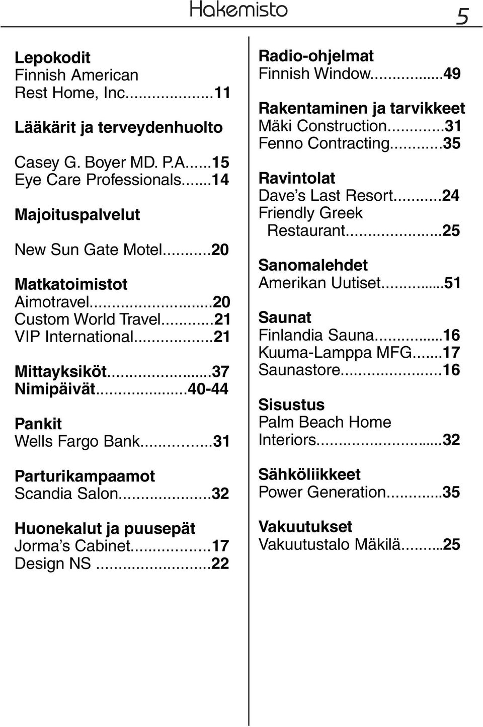 ..32 Huonekalut ja puusepät Jorma s Cabinet...17 Design NS...22 Radio-ohjelmat Finnish Window...49 Rakentaminen ja tarvikkeet Mäki Construction...31 Fenno Contracting...35 Ravintolat Dave s Last Resort.