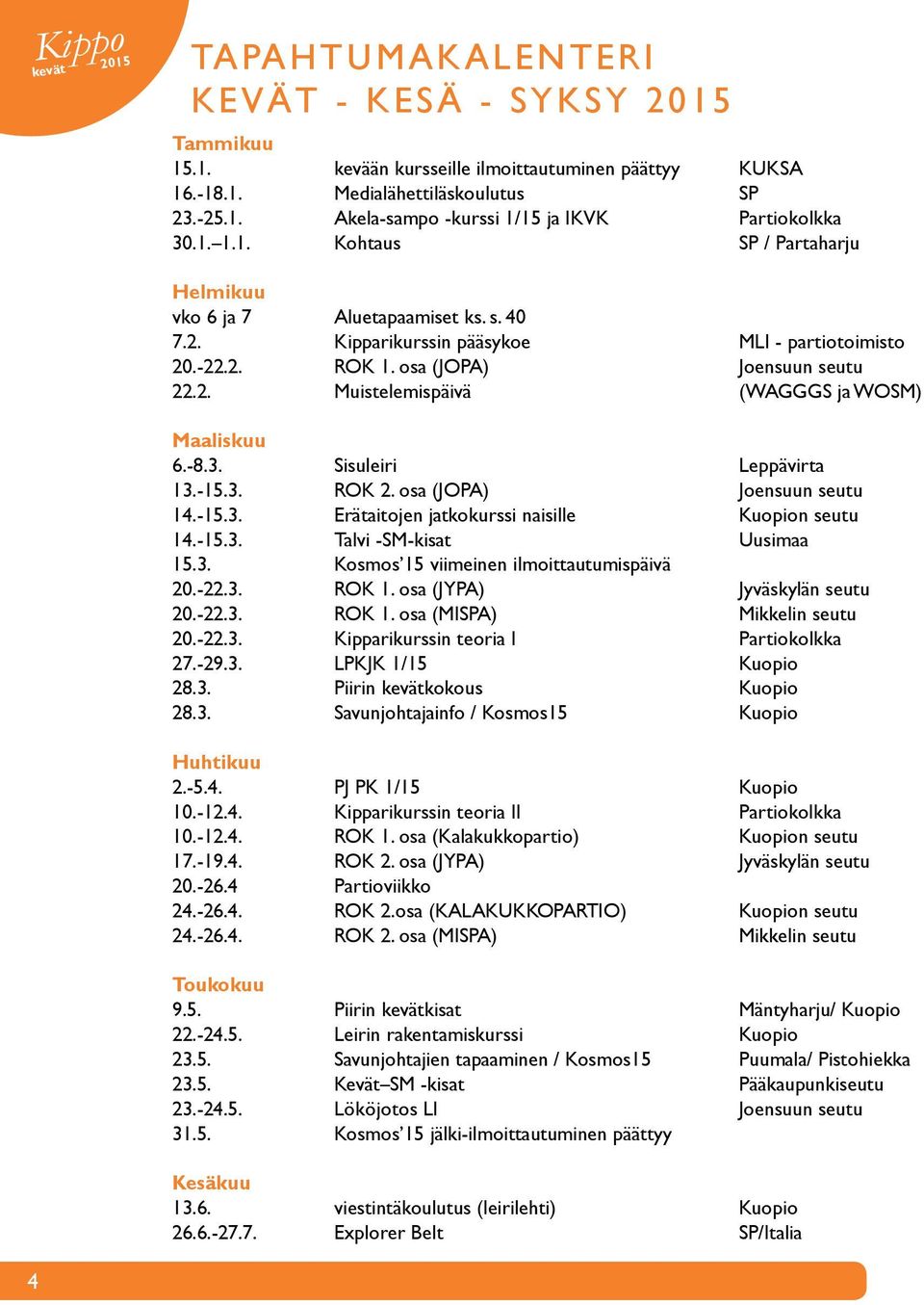 -8.3. Sisuleiri Leppävirta 13.-15.3. ROK 2. osa (JOPA) Joensuun seutu 14.-15.3. Erätaitojen jatkokurssi naisille Kuopion seutu 14.-15.3. Talvi -SM-kisat Uusimaa 15.3. Kosmos 15 viimeinen ilmoittautumispäivä 20.