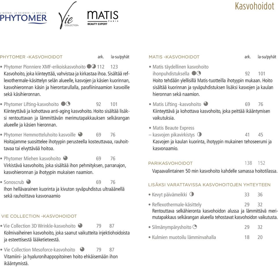 Phytomer Lifting-kasvohoito 92 101 Kiinteyttävä ja kohottava anti-aging kasvohoito. Hoito sisältää lisäksi rentouttavan ja lämmittävän merimutapakkauksen selkärangan alueelle ja käsien hieronnan.