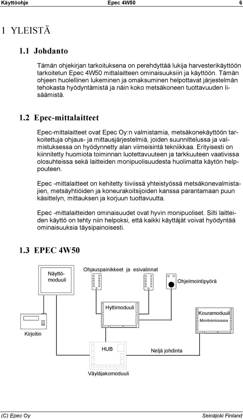 2 Epec-mittalaitteet Epec-mittalaitteet ovat Epec Oy:n valmistamia, metsäkonekäyttöön tarkoitettuja ohjaus- ja mittausjärjestelmiä, joiden suunnittelussa ja valmistuksessa on hyödynnetty alan