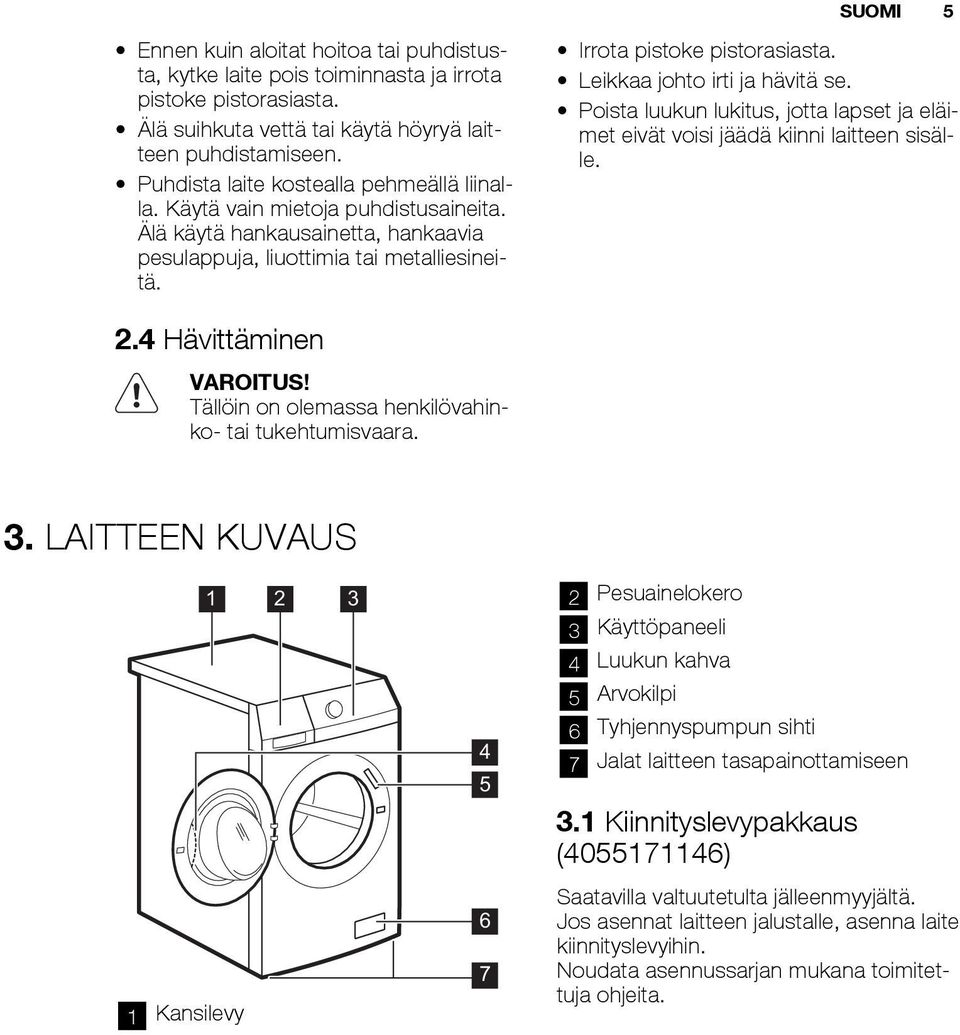 Leikkaa johto irti ja hävitä se. Poista luukun lukitus, jotta lapset ja eläimet eivät voisi jäädä kiinni laitteen sisälle. 2.4 Hävittäminen VAROITUS!