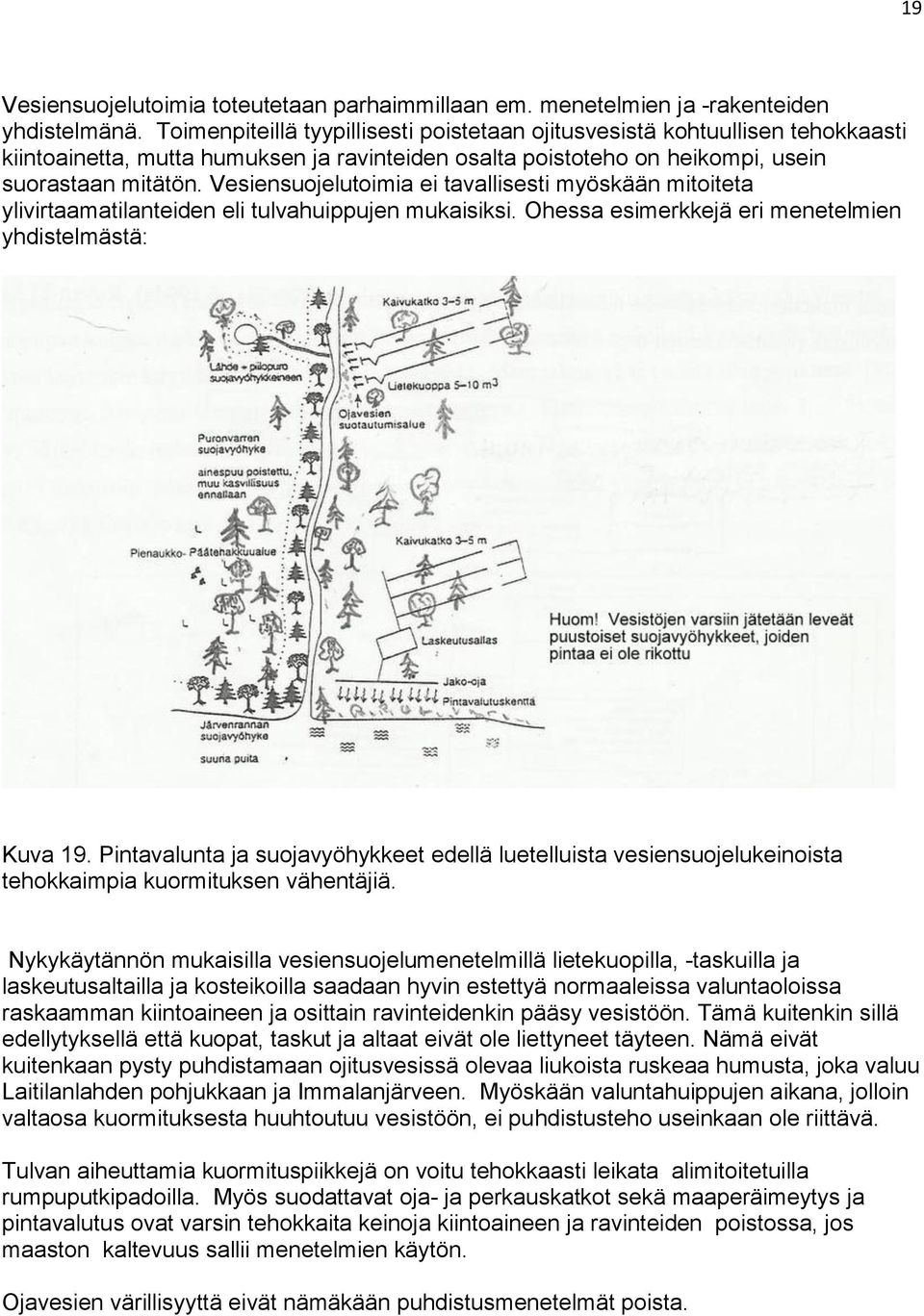 Vesiensuojelutoimia ei tavallisesti myöskään mitoiteta ylivirtaamatilanteiden eli tulvahuippujen mukaisiksi. Ohessa esimerkkejä eri menetelmien yhdistelmästä: Kuva 19.
