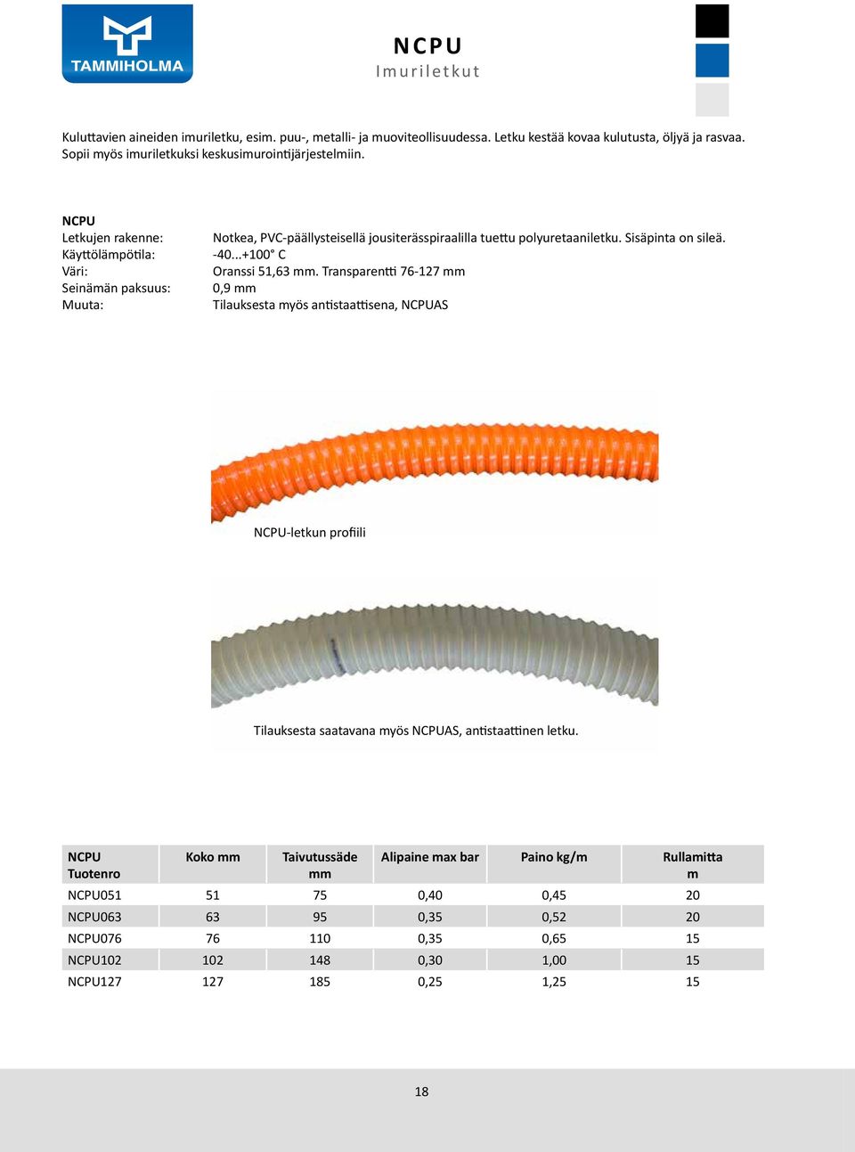 NCPU Letkujen rakenne: Käyttölämpötila: Väri: Seinämän paksuus: Muuta: Notkea, PVC-päällysteisellä jousiterässpiraalilla tuettu polyuretaaniletku. Sisäpinta on sileä. -40.