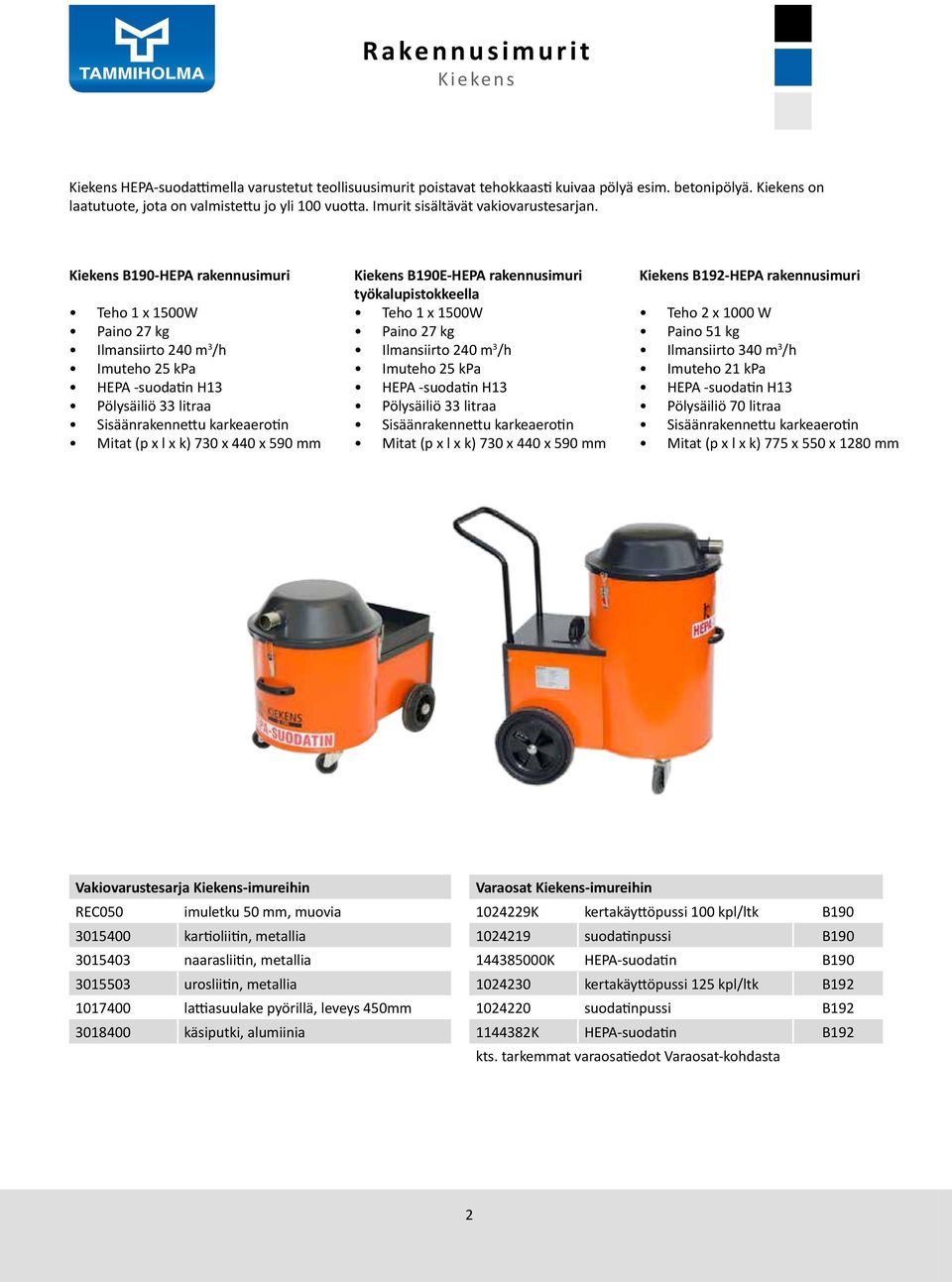 Kiekens B190-HEPA rakennusimuri Teho 1 x 1500W Paino 27 kg Ilmansiirto 240 m 3 /h Imuteho 25 kpa HEPA -suodatin H13 Pölysäiliö 33 litraa Sisäänrakennettu karkeaerotin Mitat (p x l x k) 730 x 440 x