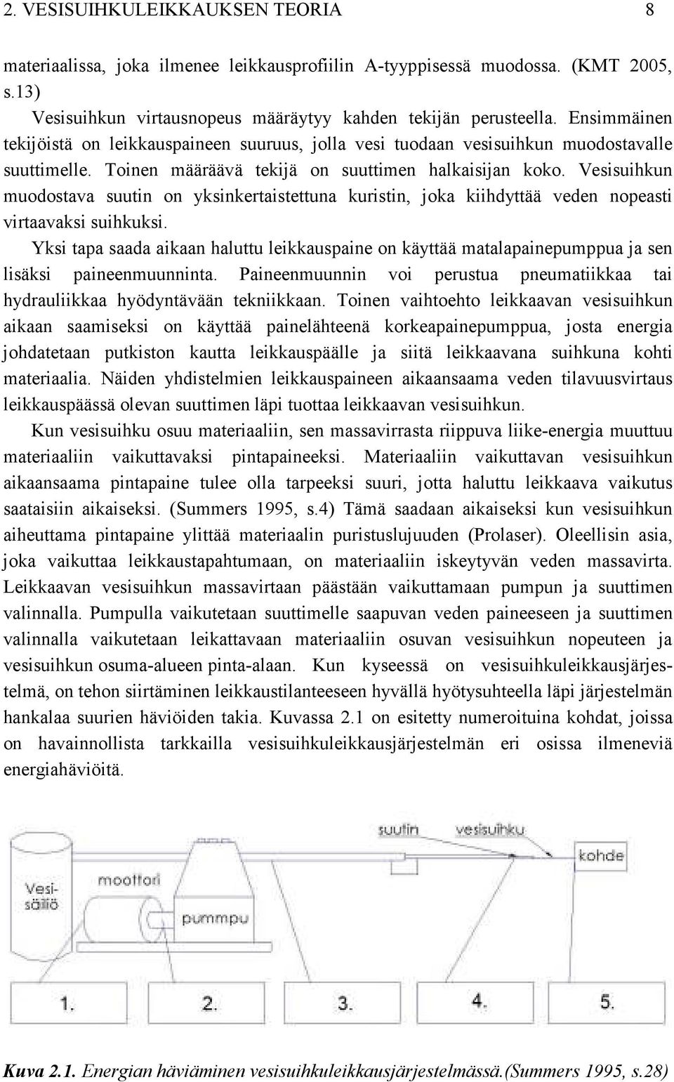 Vesisuihkun muodostava suutin on yksinkertaistettuna kuristin, joka kiihdyttää veden nopeasti virtaavaksi suihkuksi.