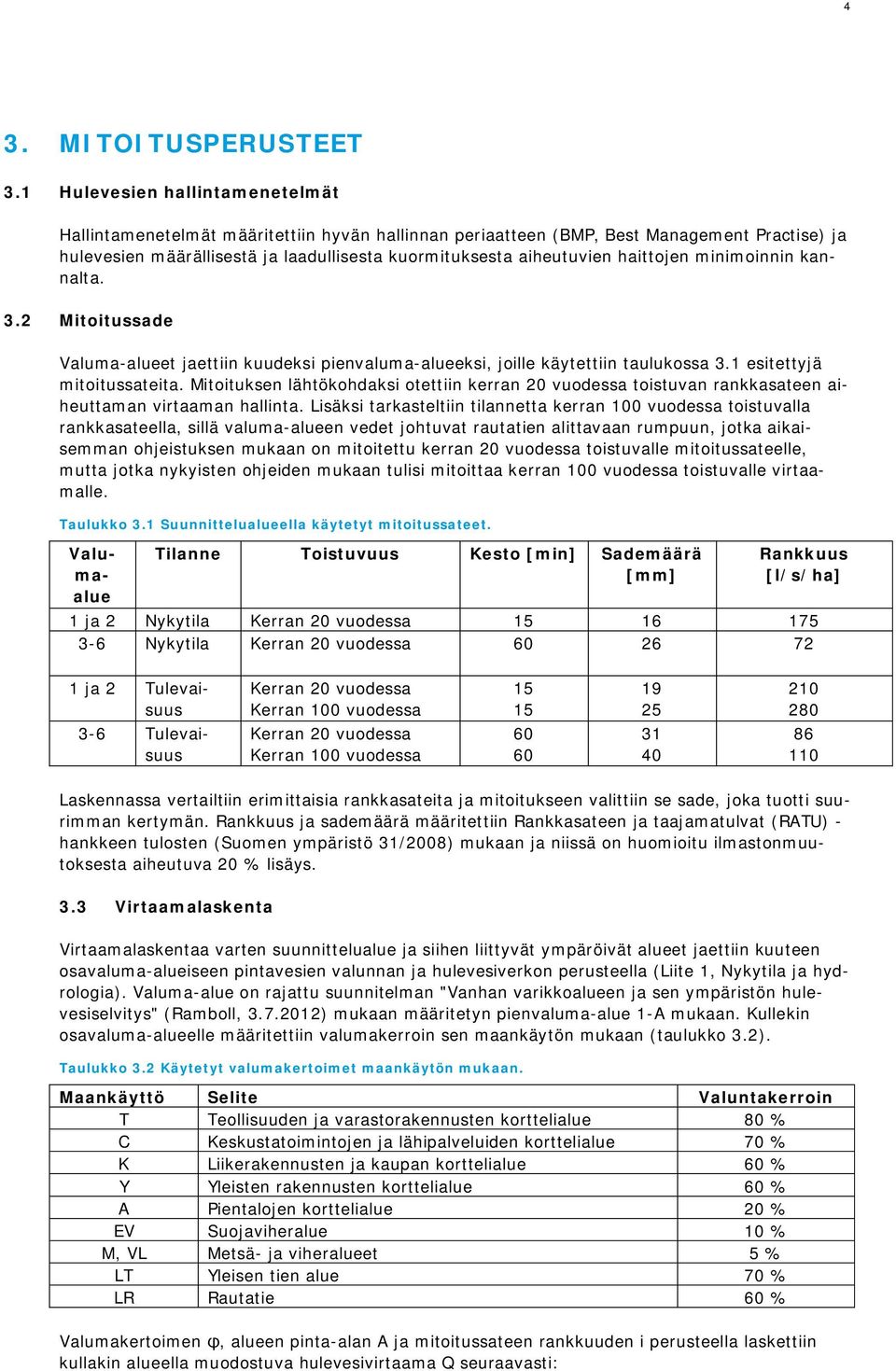 haittojen minimoinnin kannalta. 3.2 Mitoitussade Taulukko 3.1 Suunnittelualueella käytetyt mitoitussateet. Valuma-alueet jaettiin kuudeksi pienvaluma-alueeksi, joille käytettiin taulukossa 3.