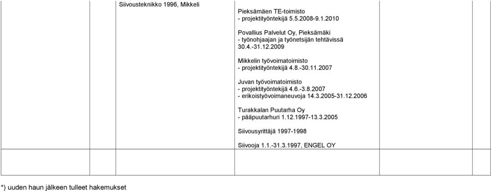 3.2005-31.12.2006 Turakkalan Puutarha Oy - pääpuutarhuri 1.12.1997-13.3.2005 Siivousyrittäjä 1997-1998 Siivooja 1.1.-31.3.1997, ENGEL OY *) uuden haun jälkeen tulleet hakemukset