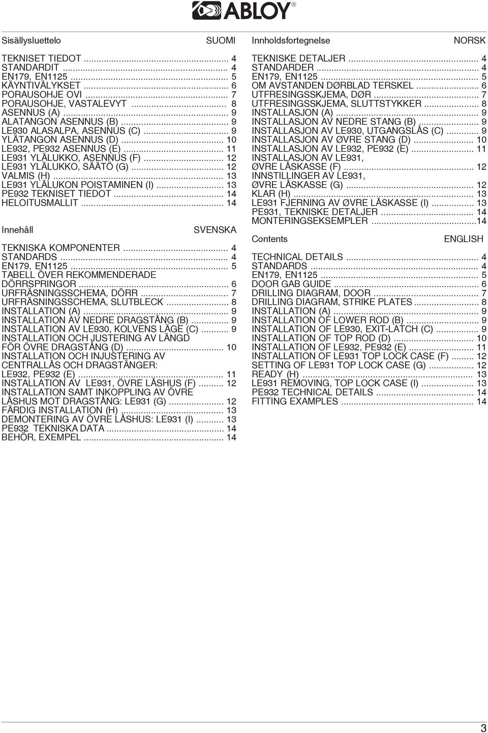 .. 13 LE931 YLÄLUKON POISTAMINEN (I)... 13 PE932 TEKNISET TIEDOT... 14 HELOITUSMALLIT... 14 Innehåll SVENSKA TEKNISKA KOMPONENTER... 4 STANDARDS... 4 EN179, EN11.