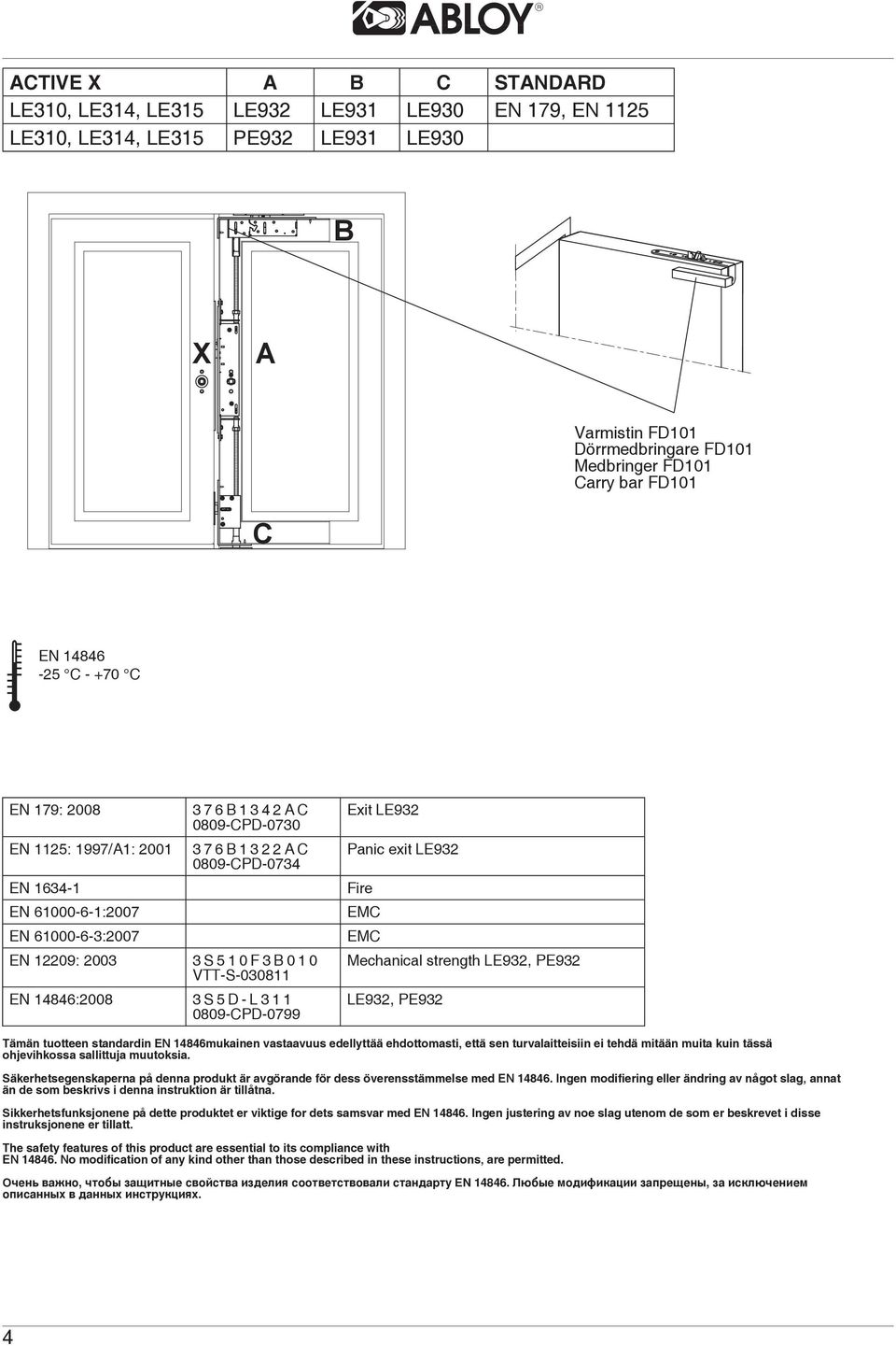 14846:2008 3S5D-L311 0809-CPD-0799 Exit LE932 Panic exit LE932 Fire EMC EMC Mechanical strength LE932, PE932 LE932, PE932 Tämän tuotteen standardin EN 14846mukainen vastaavuus edellyttää