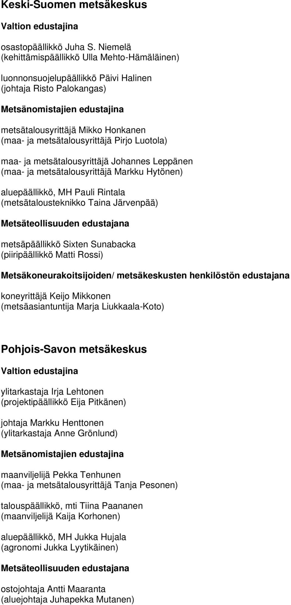 maa- ja metsätalousyrittäjä Johannes Leppänen (maa- ja metsätalousyrittäjä Markku Hytönen) aluepäällikkö, MH Pauli Rintala (metsätalousteknikko Taina Järvenpää) metsäpäällikkö Sixten Sunabacka