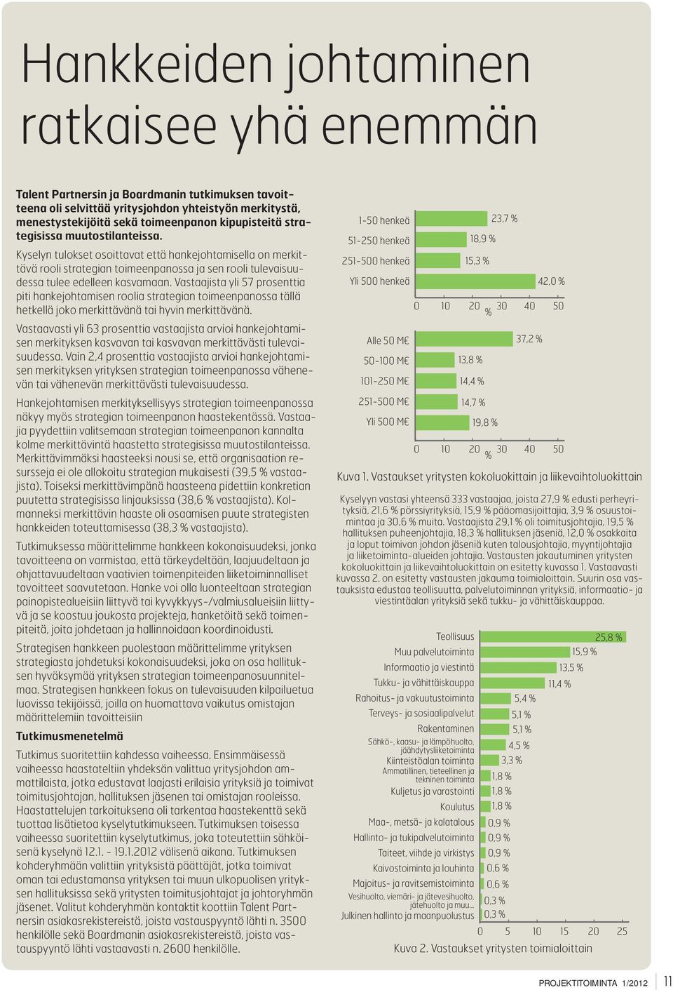 Vastaajista yli 57 prosenttia piti hankejohtamisen roolia strategian toimeenpanossa tällä hetkellä joko merkittävänä tai hyvin merkittävänä.