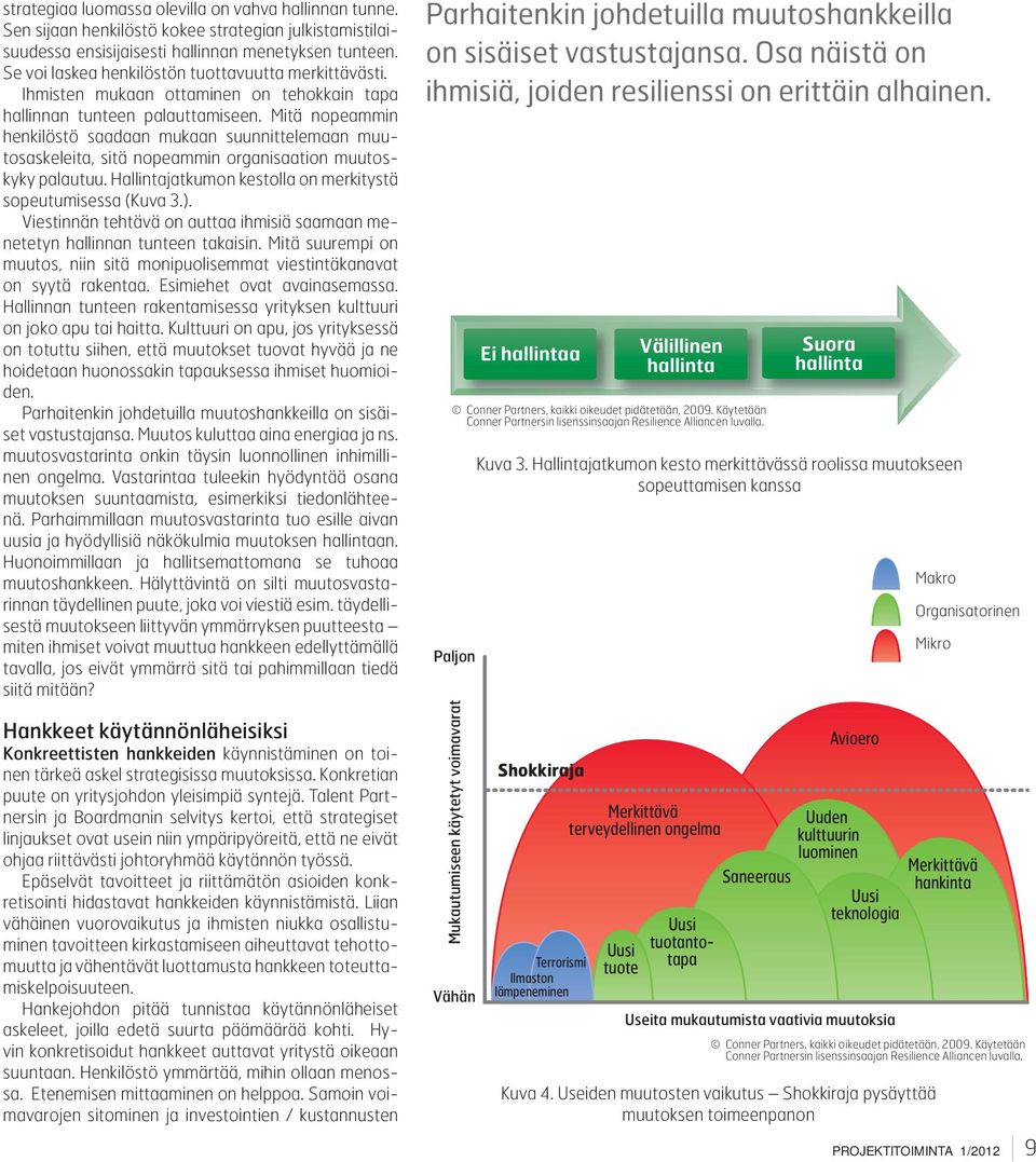 Mitä nopeammin henkilöstö saadaan mukaan suunnittelemaan muutosaskeleita, sitä nopeammin organisaation muutoskyky palautuu. Hallintajatkumon kestolla on merkitystä sopeutumisessa (Kuva 3.).