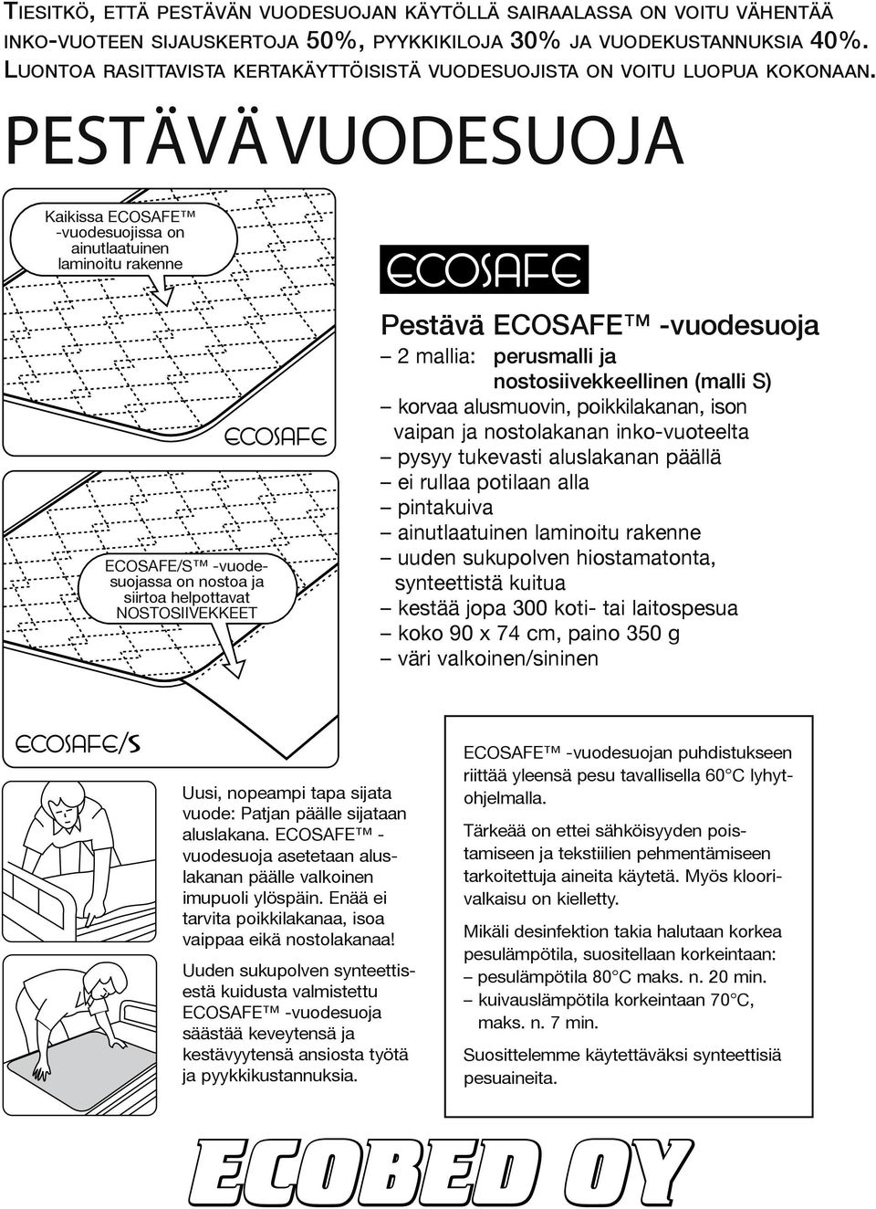 PESTÄVÄ VUODESUOJA Kaikissa ECOSAFE -vuodesuojissa on ainutlaatuinen laminoitu rakenne ECOSAFE/S -vuodesuojassa on nostoa ja siirtoa helpottavat NOSTOSIIVEKKEET Pestävä ECOSAFE -vuodesuoja 2 mallia: