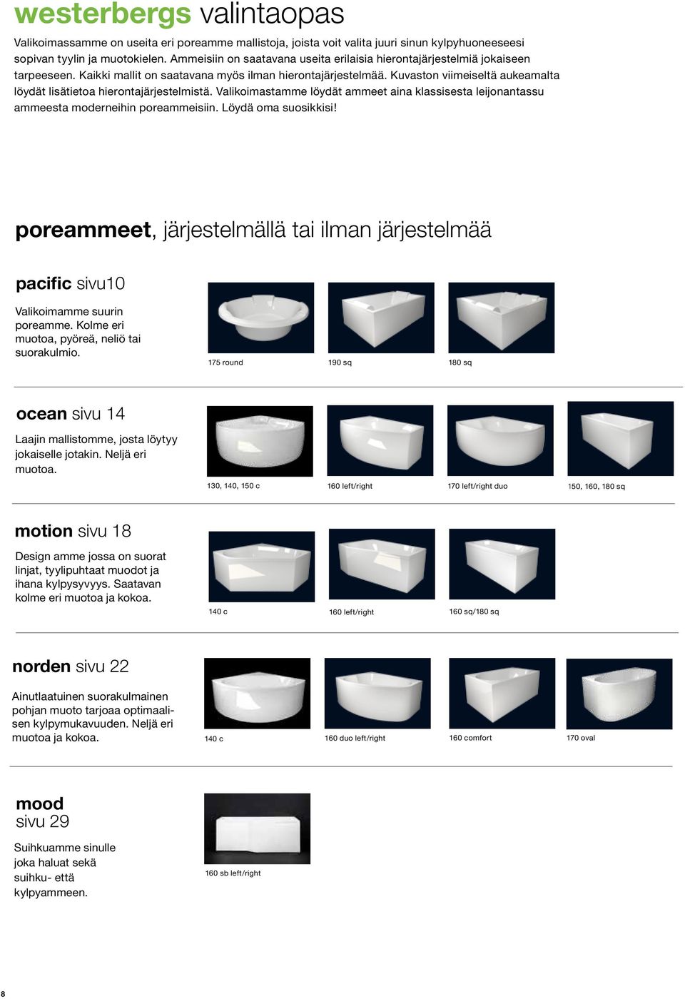 Kuvaston viimeiseltä aukeamalta löydät lisätietoa hierontajärjestelmistä. Valikoimastamme löydät ammeet aina klassisesta leijonantassu ammeesta moderneihin poreammeisiin. Löydä oma suosikkisi!