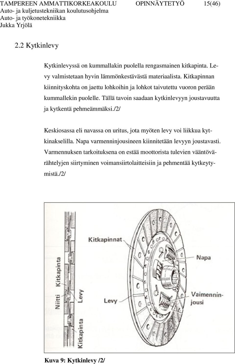 Tällä tavoin saadaan kytkinlevyyn joustavuutta ja kytkentä pehmeämmäksi./2/ Keskiosassa eli navassa on uritus, jota myöten levy voi liikkua kytkinakselilla.